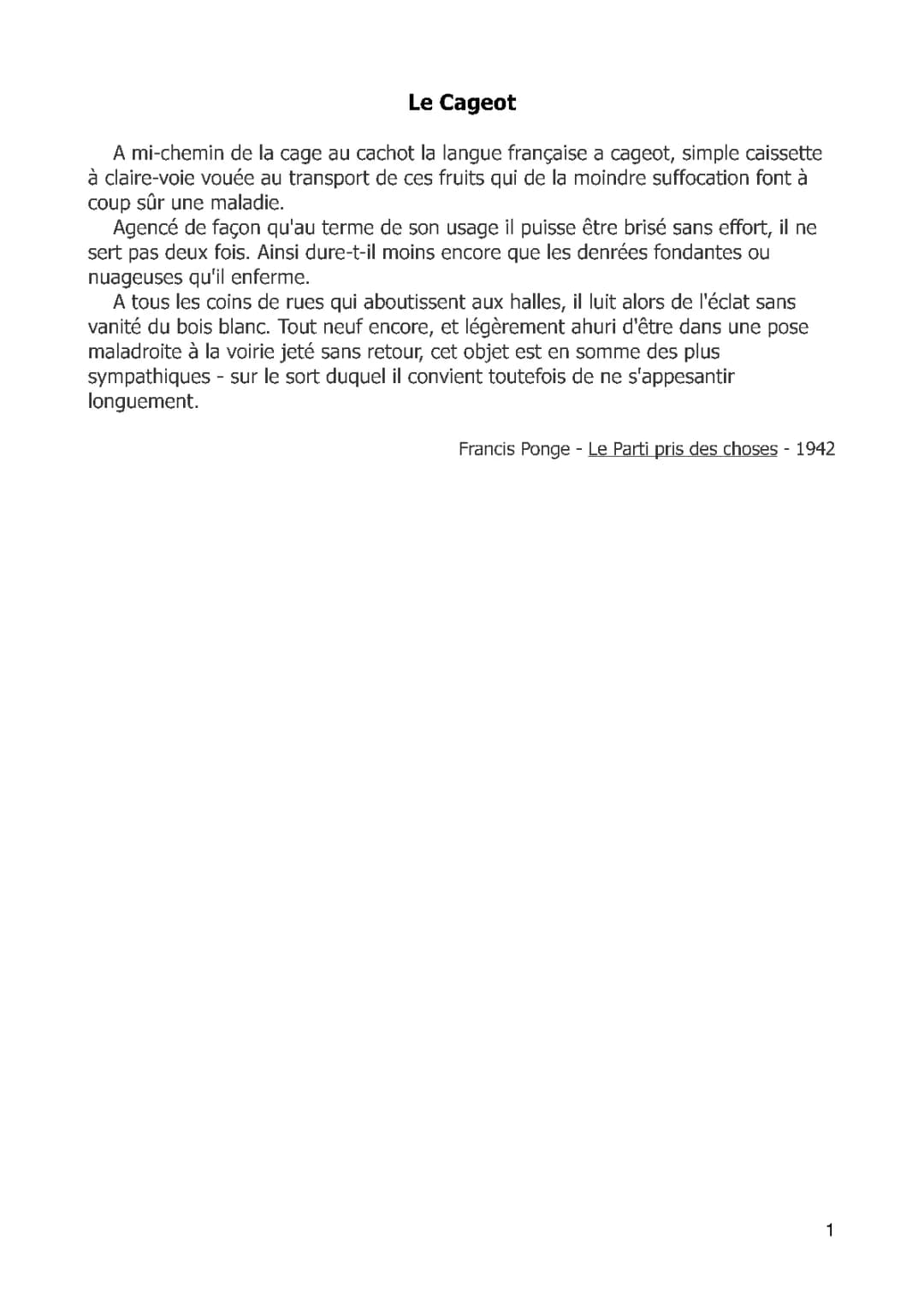 Oral Bac Français - Fiche Francis Ponge Le cageot