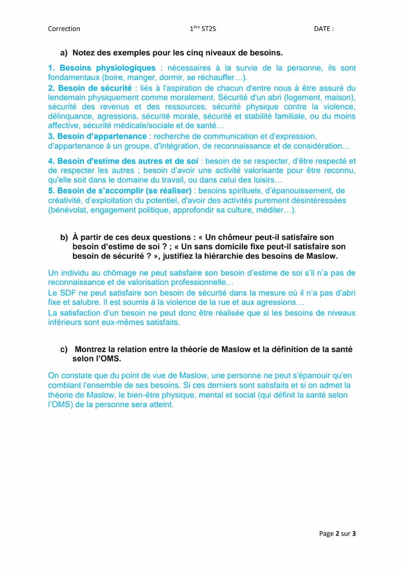 Correction
1ère ST2S
PARTIE 1: Qu'est-ce que la santé, le bien-être social et la cohésion sociale ?
SEQUENCE 1: De la santé des individus à 