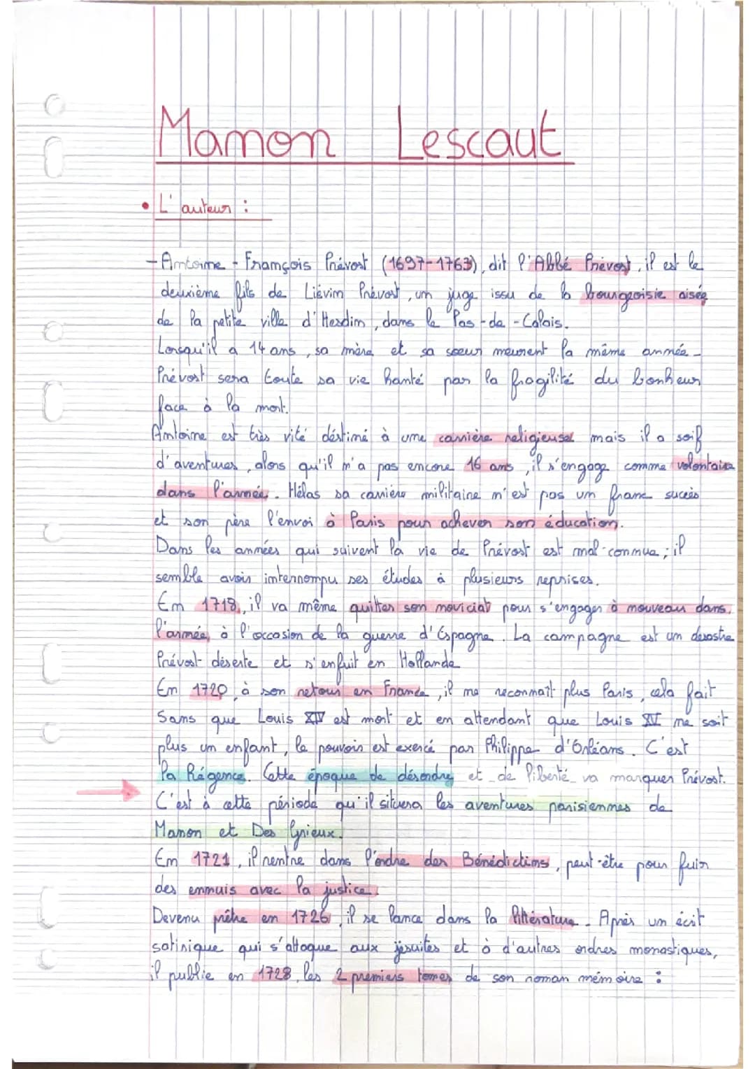 Manon Lescaut de l’Abbé Prévost fiches de révisions 