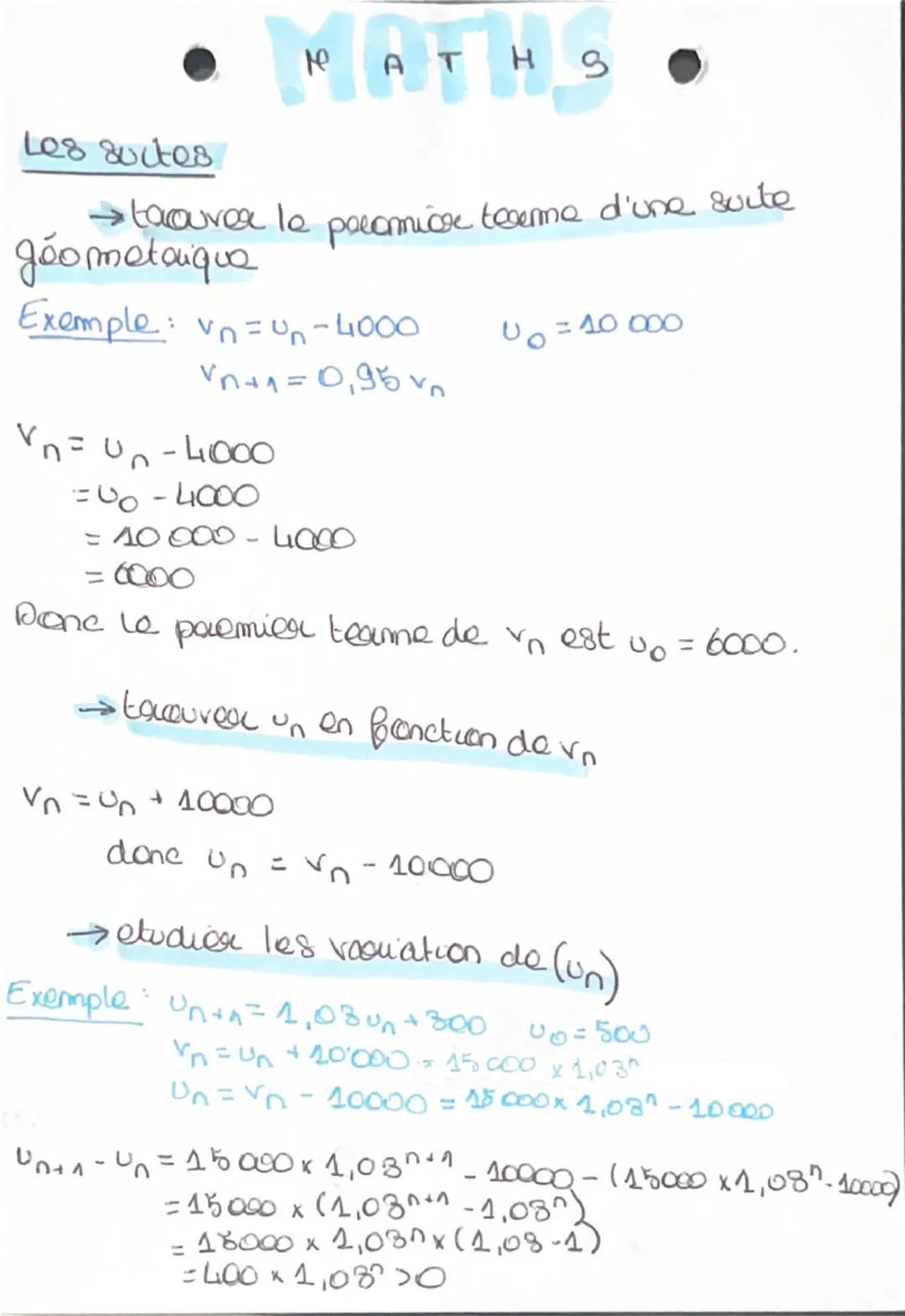 Les suitos
•MATHS •
→ démontarer quiuna suite est géométrique
v_{e} U_{3} (u_{n}) suite géométrique do
u_{0}
raison 9=0w_{n+1}=9	imes w_{n}
