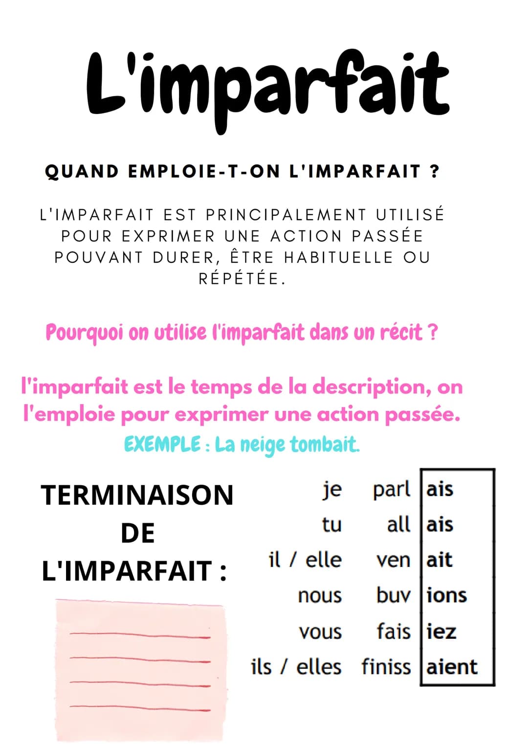 L'imparfait
QUAND EMPLOIE-T-ON L'IMPARFAIT ?
L'IMPARFAIT EST PRINCIPALEMENT UTILISÉ
POUR EXPRIMER UNE ACTION PASSÉE
POUVANT DURER, ÊTRE HABI