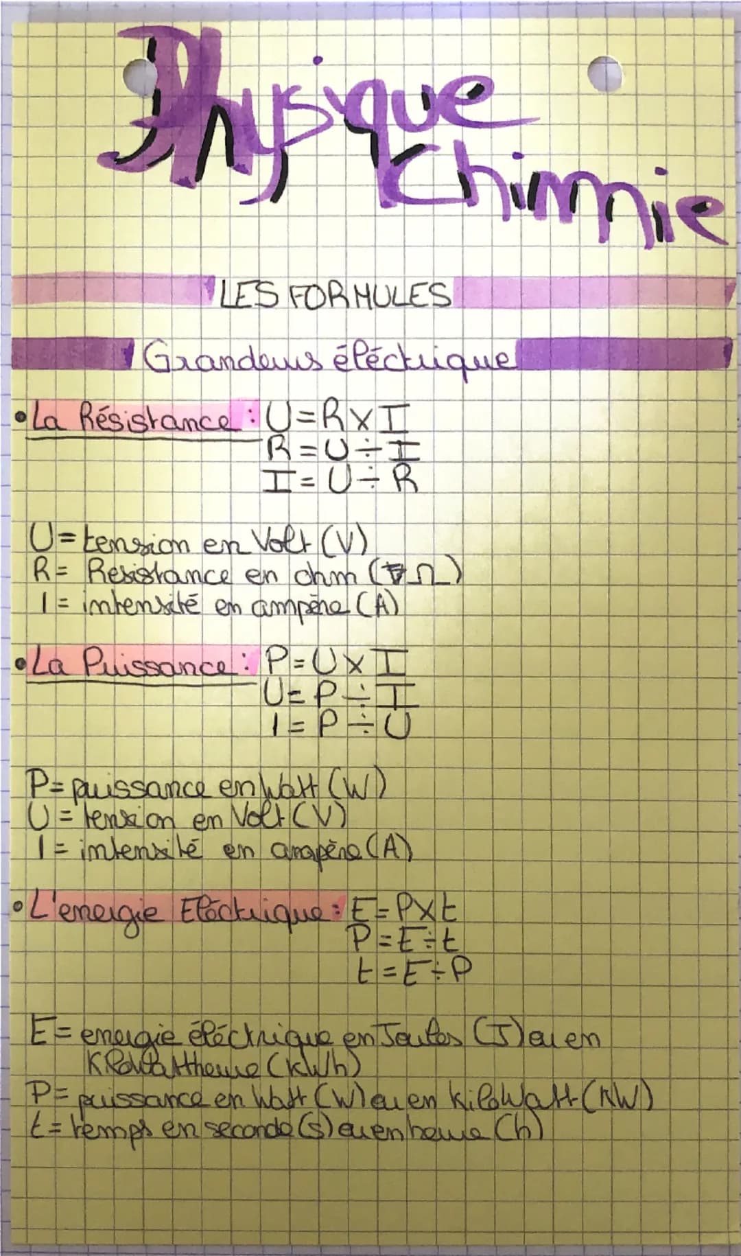 Thy que immie
Chinnie
LES FOR MULES
Grandens électrique
•La Résistance: U=RXI
R=U÷I
I = U = R
U = tension en Volt (V)
R = Resistance en chm 