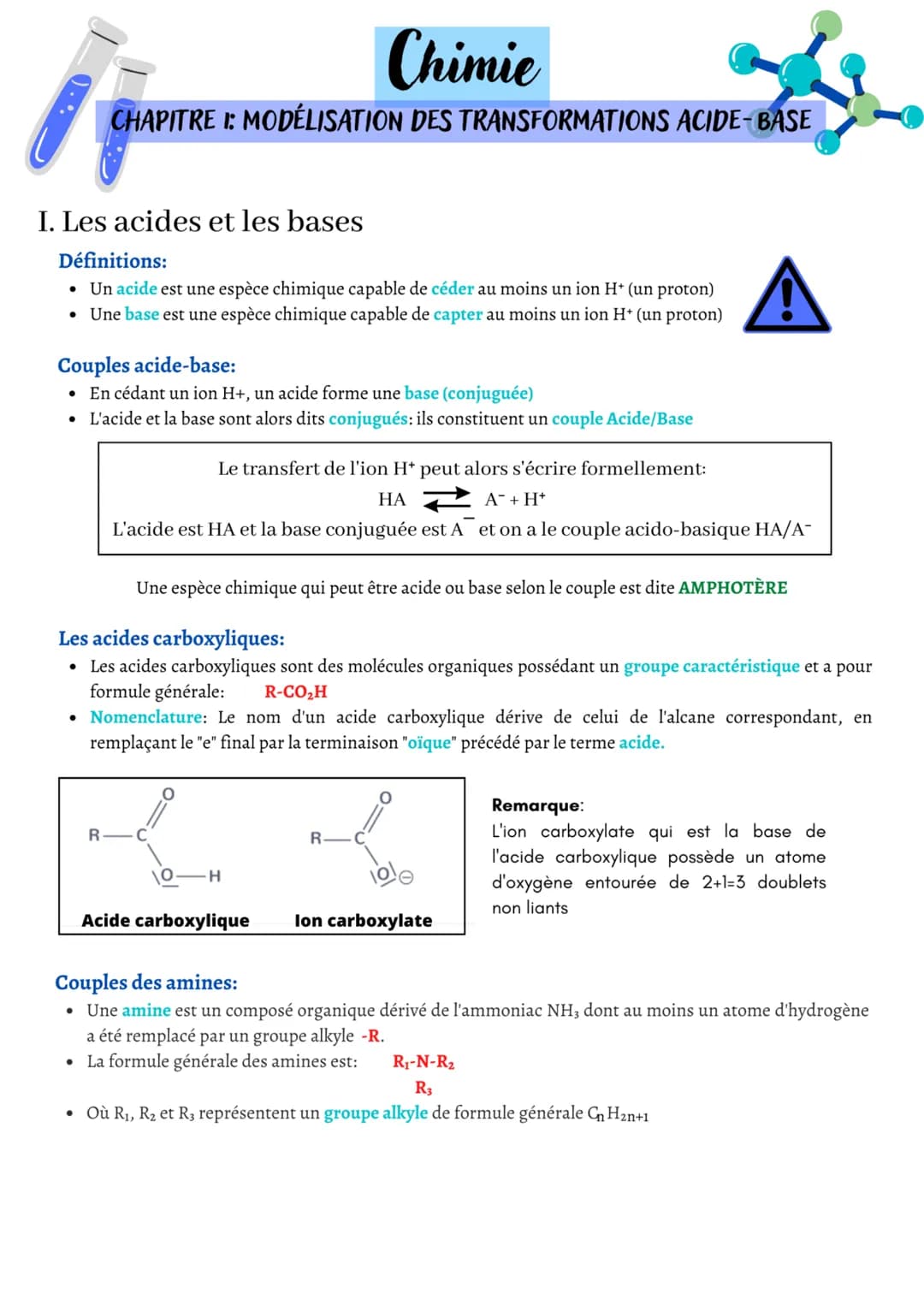)... -
Chimie
CHAPITRE I: MODÉLISATION DES TRANSFORMATIONS ACIDE-BASE
I. Les acides et les bases
Définitions:
• Un acide est une espèce chim