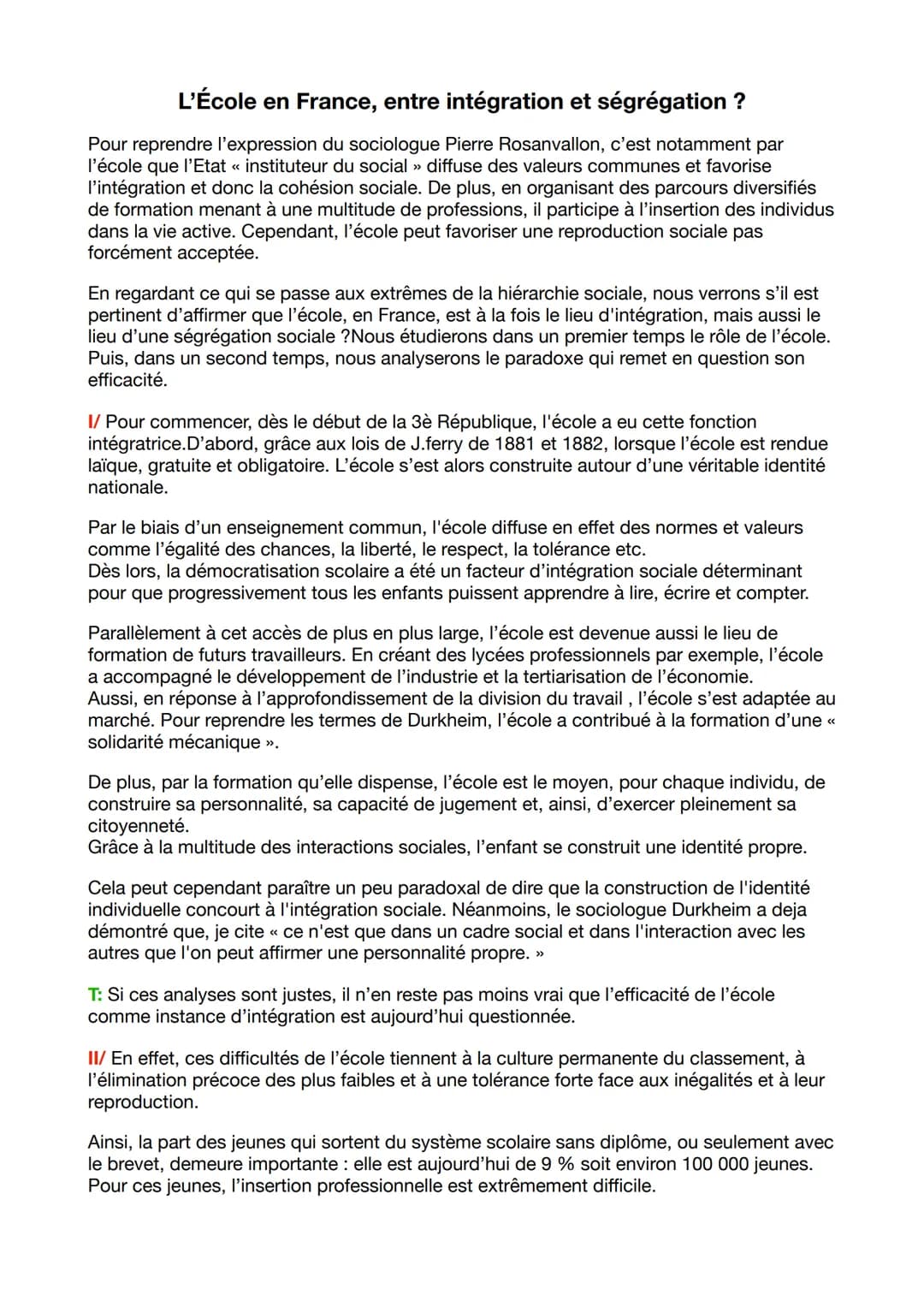 L'École en France, entre intégration et ségrégation ?
Pour reprendre l'expression du sociologue Pierre Rosanvallon, c'est notamment par
l'éc