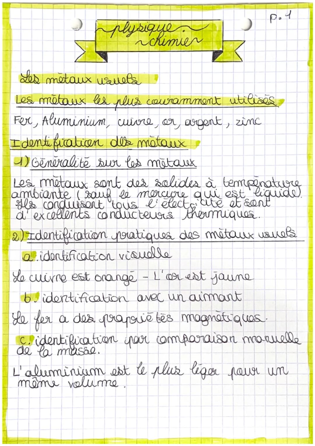 предадце.
chimier
P.1
Les métaux usuels
Les métaux les plus couramment utilises
Aluminium, cuivre, or, argent, zinc
Identification des métau