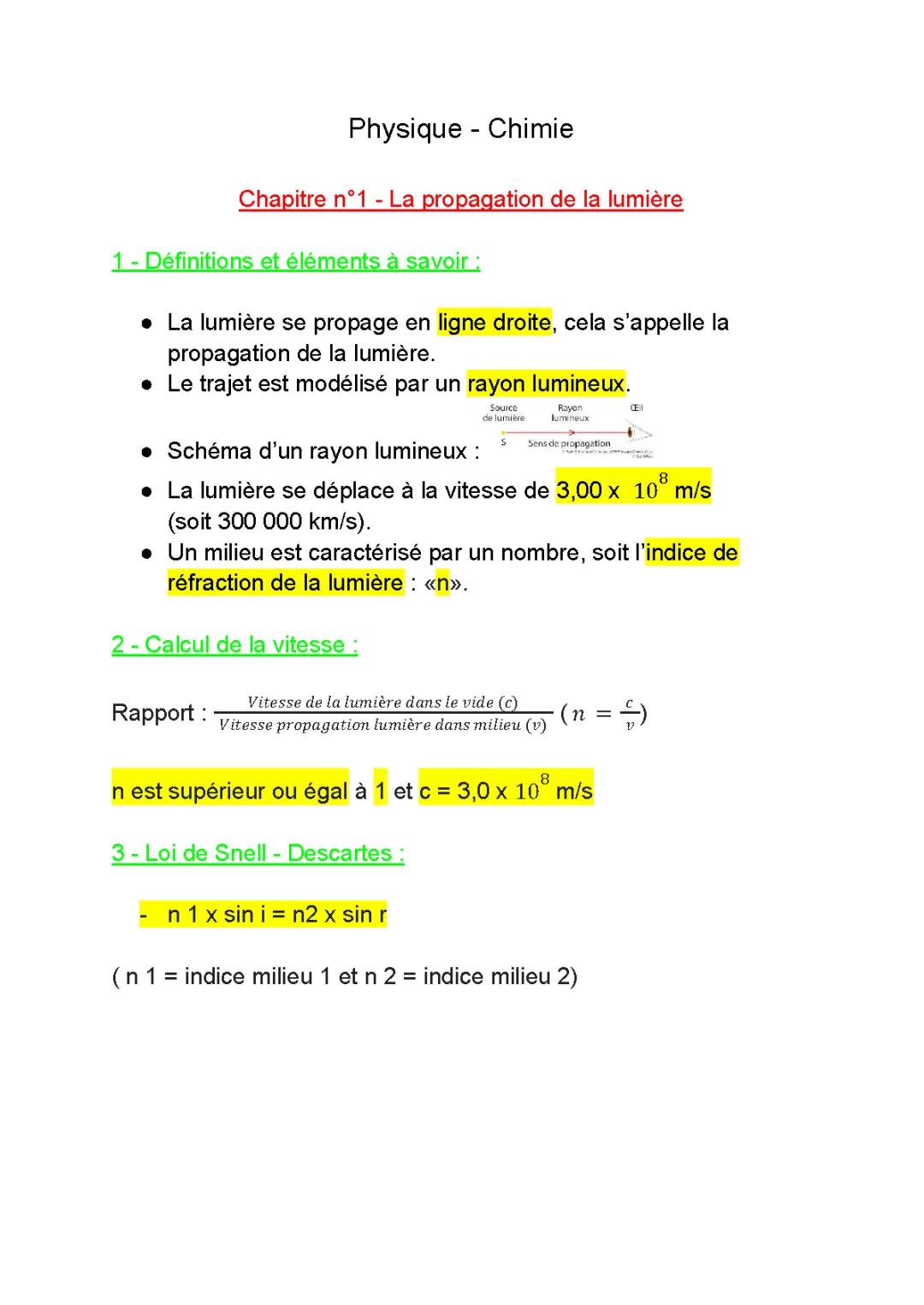 Propagation de la lumière 4ème PDF : Schéma, Définitions et Exercices corrigés