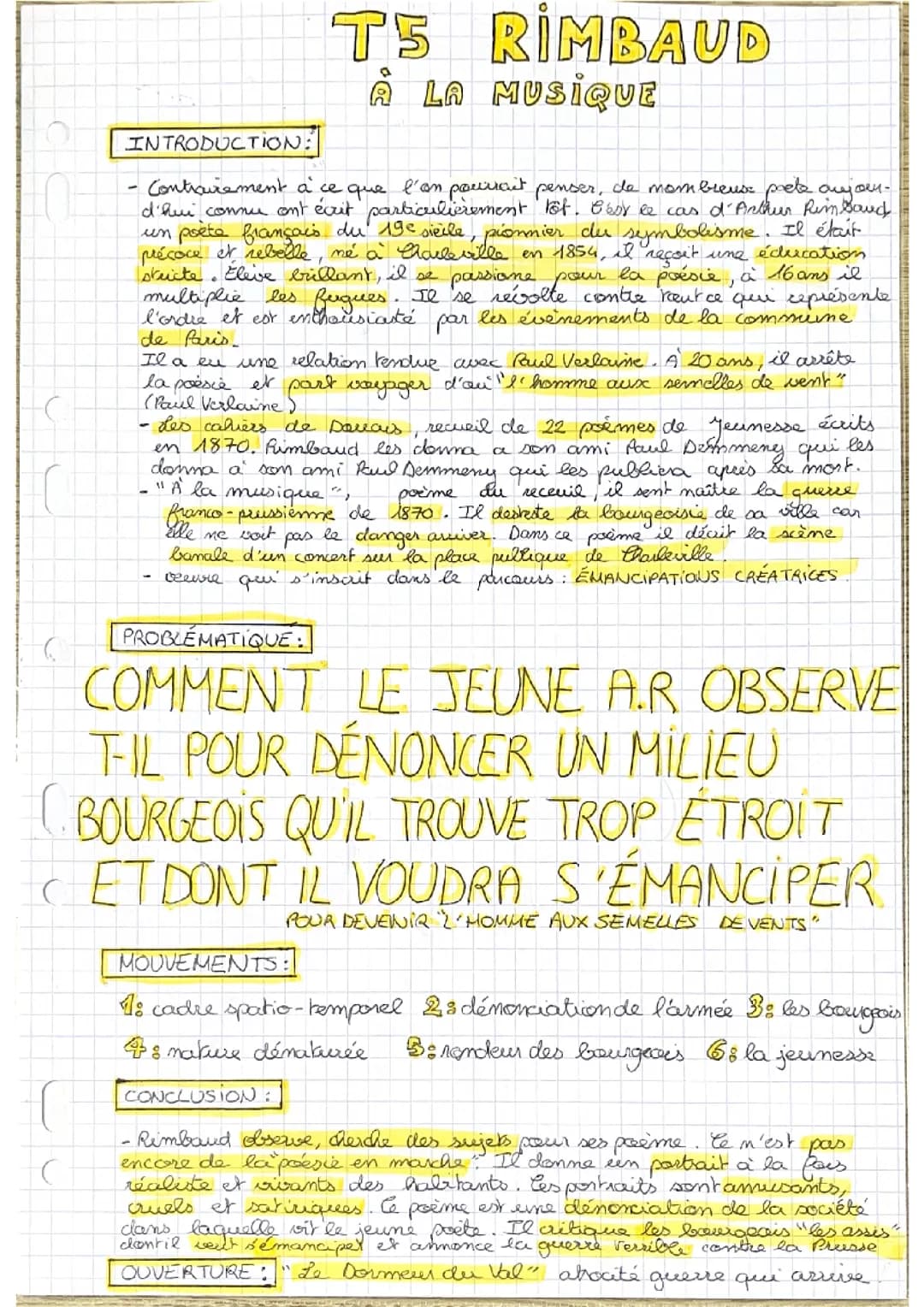 À la musique ARTHUR RIMBAUD : Analyse linéaire 