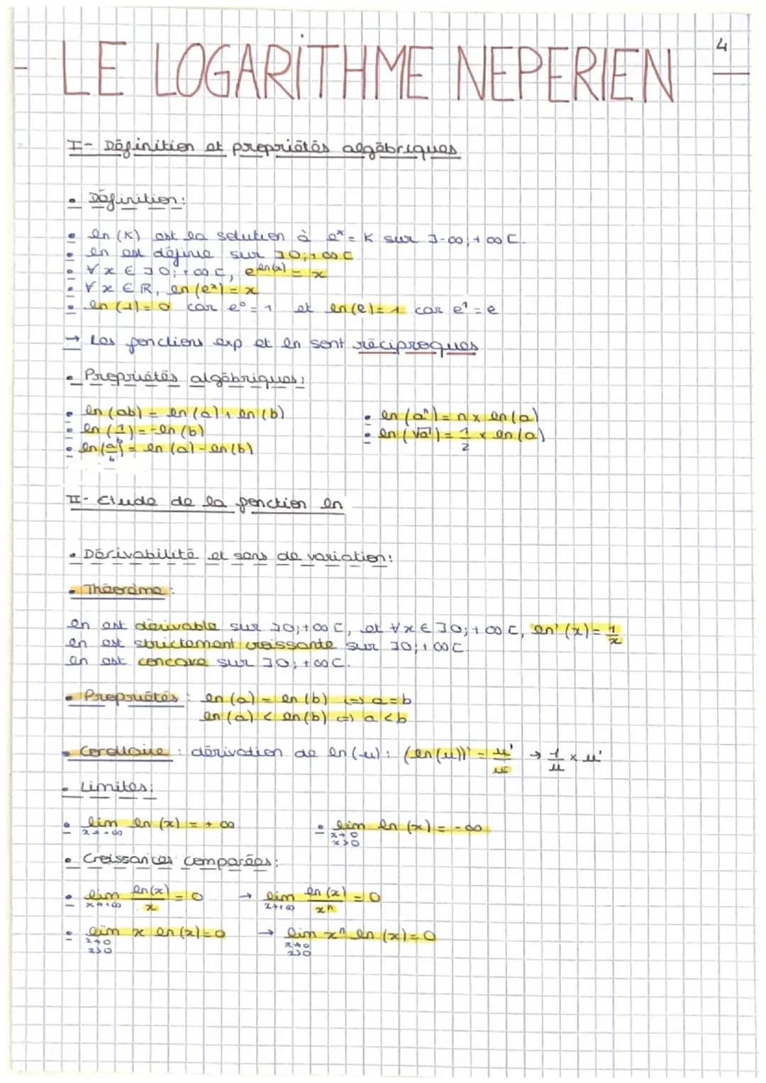 LE
LOGARITHME NEPERIEN
I- Definition at propriétés algébriques
a
Definition
•
In (K) ont la solution à 0* = K sur 3-00, +00 [
en est définie