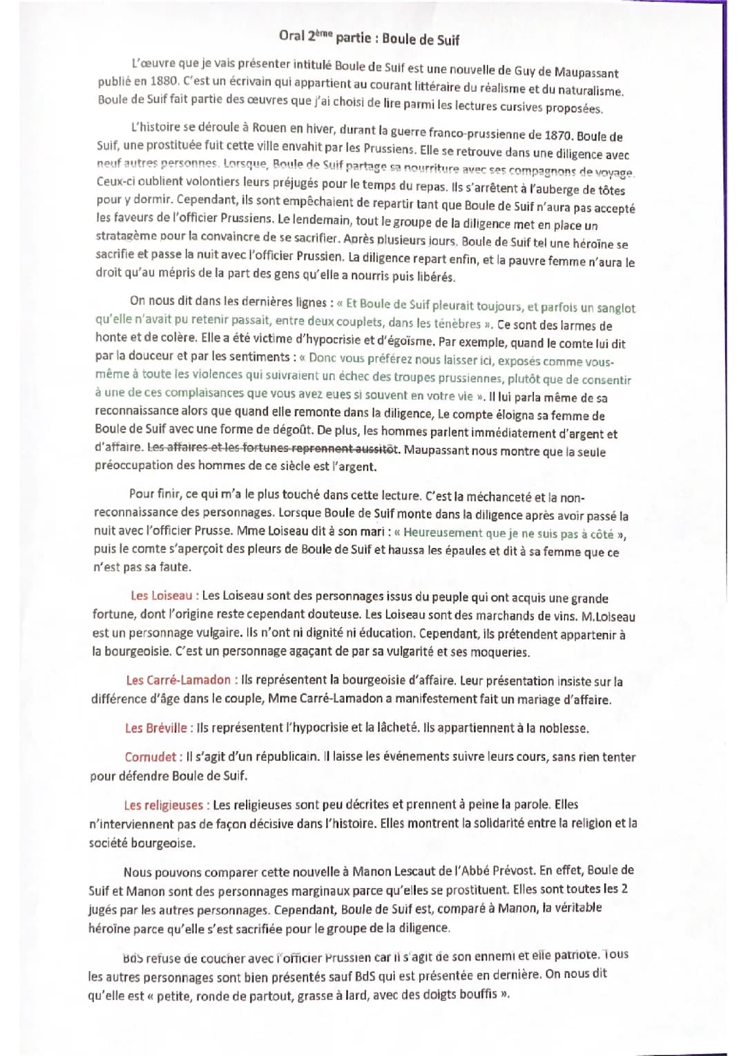 Bac oral Français 2eme partie Boule de Suif, Maupassant. 