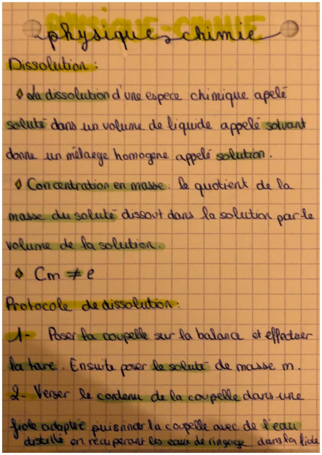 # physiques chimie

Dissolution:

*   da dissolution d'une espece chimique apelé

solute dans un volume de liquide appelé solvant

donne un 