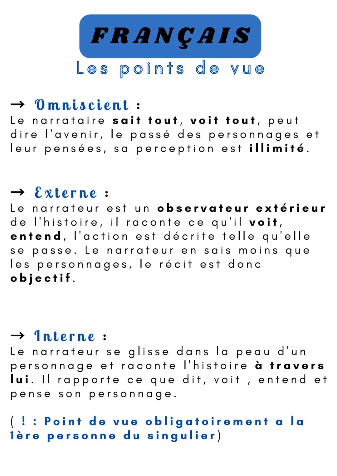FRANÇAIS
Les points de vue
→ Omniscient :
Le narrataire sait tout, voit tout, peut
dire l'avenir, le passé des personnages et
leur pensées, 