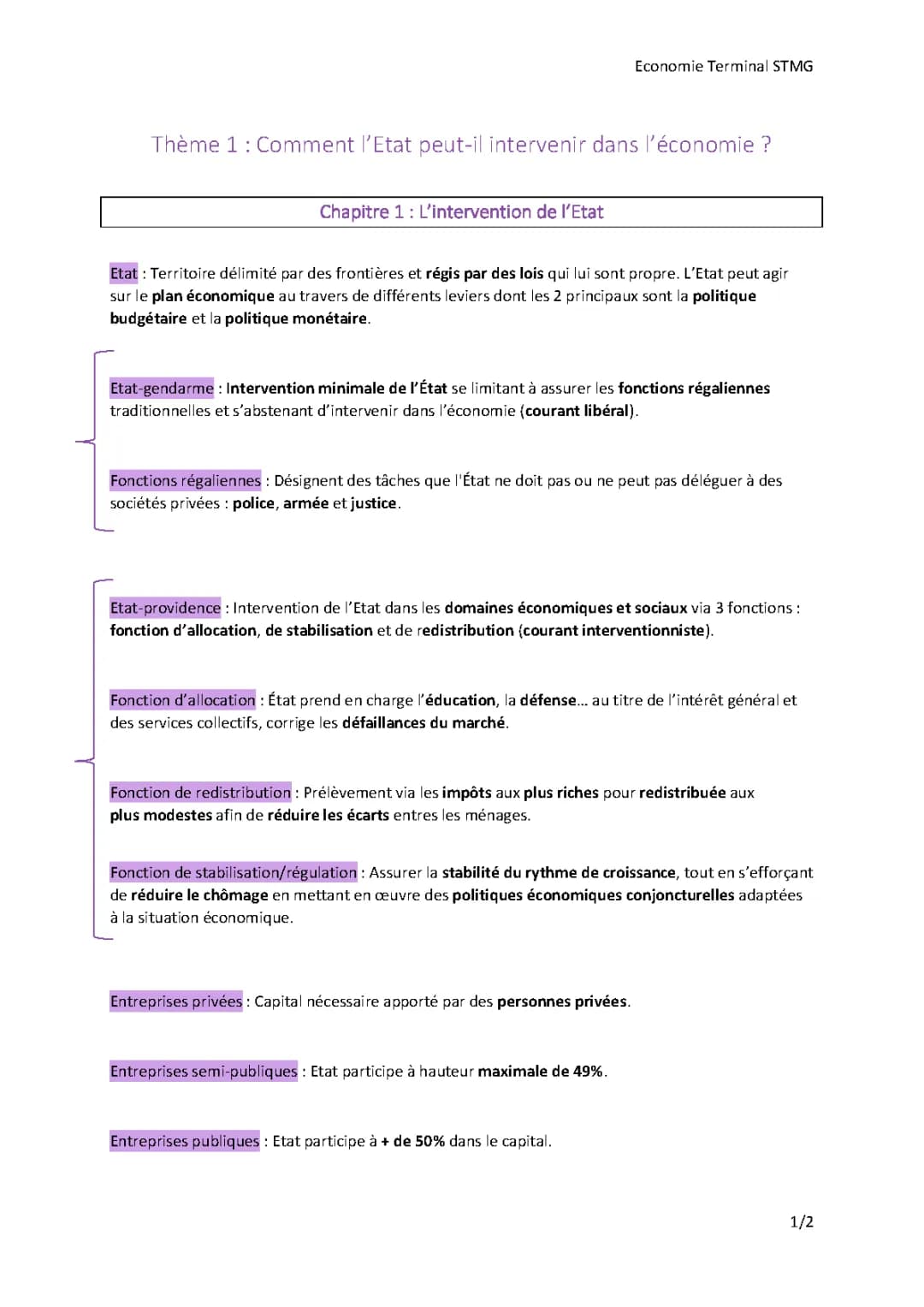 Cours Économie Terminale STMG PDF : L'État Intervient dans l'Économie