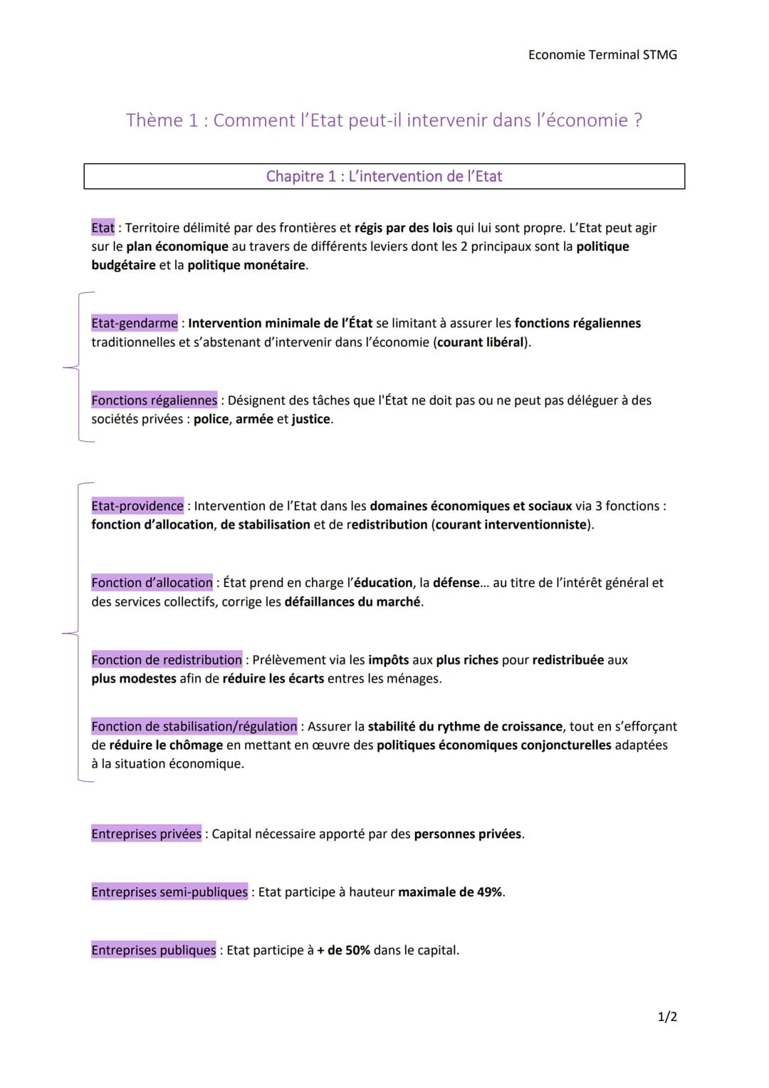 Thème 1: Comment l'Etat peut-il intervenir dans l'économie ?
Chapitre 1 : L'intervention de l'Etat
Etat: Territoire délimité par des frontiè