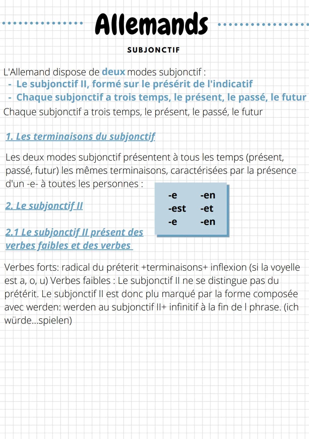 Allemands
-
SUBJONCTIF
L'Allemand dispose de deux modes subjonctif :
Le subjonctif II, formé sur le présérit de l'indicatif
Chaque subjoncti
