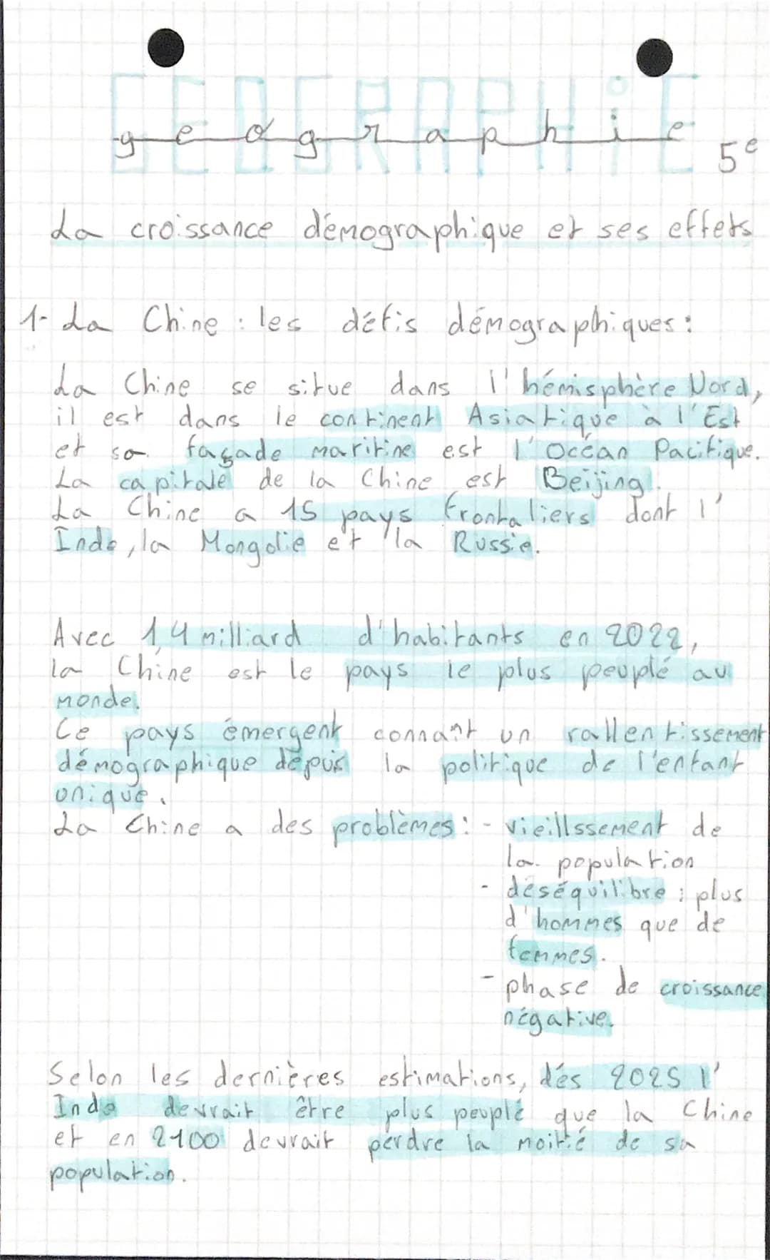 GEOGRDA
zap
r
59
La croissance demographique et ses effets
д
défis démographiques :
1- La Chine : les défis
La Chine se situe dans l'hémisph