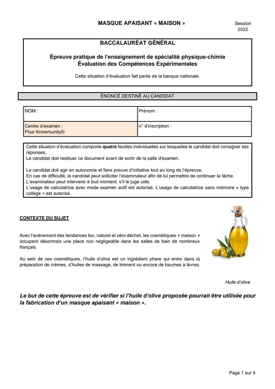 NOM :
BACCALAURÉAT GÉNÉRAL
Épreuve pratique de l'enseignement de spécialité physique-chimie
Évaluation des Compétences Expérimentales
Cette 