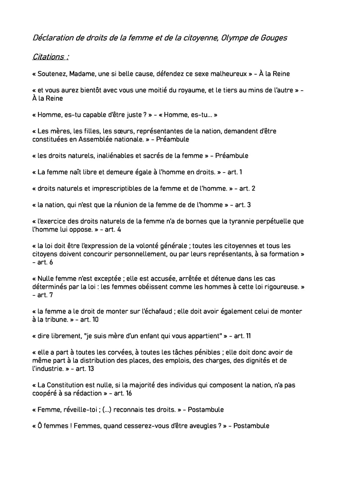 Citations, ouvertures, oeuvres annexes, introductions - DDFC, O. de Gouges