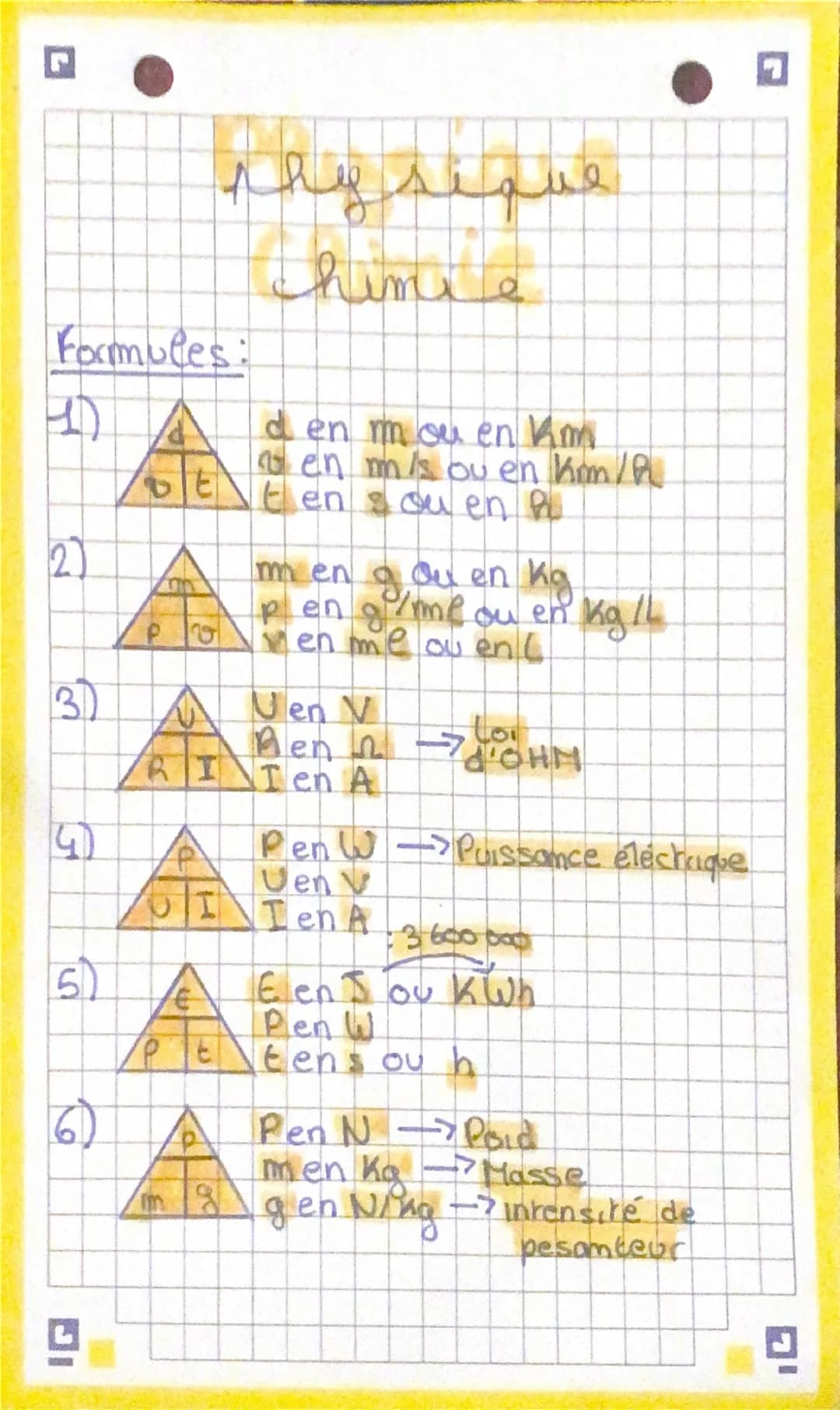 --- OCR Start ---
physique
chimie
Formules:
1 A
den mouen Km
en mis ou en km/h
t en s ou en h
2)
PO
men g ou en Kg
pen g/ml ou en Kg/L
ven m
