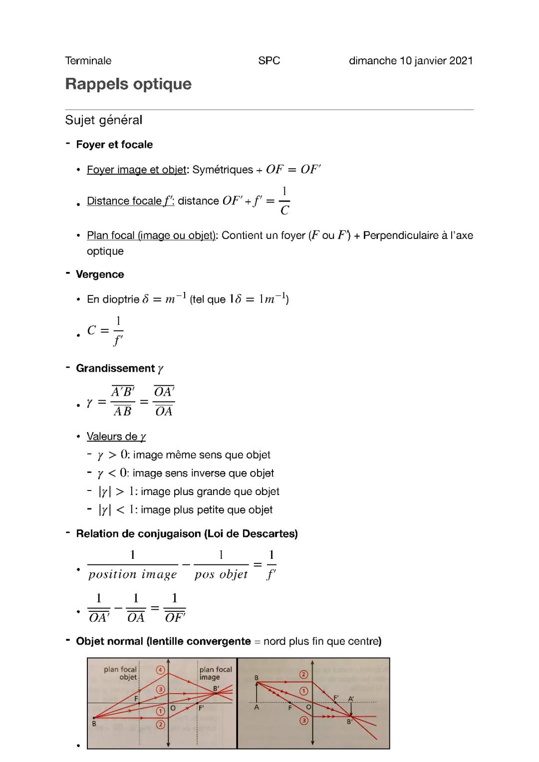 Cours Optique Terminale PDF et Lentilles