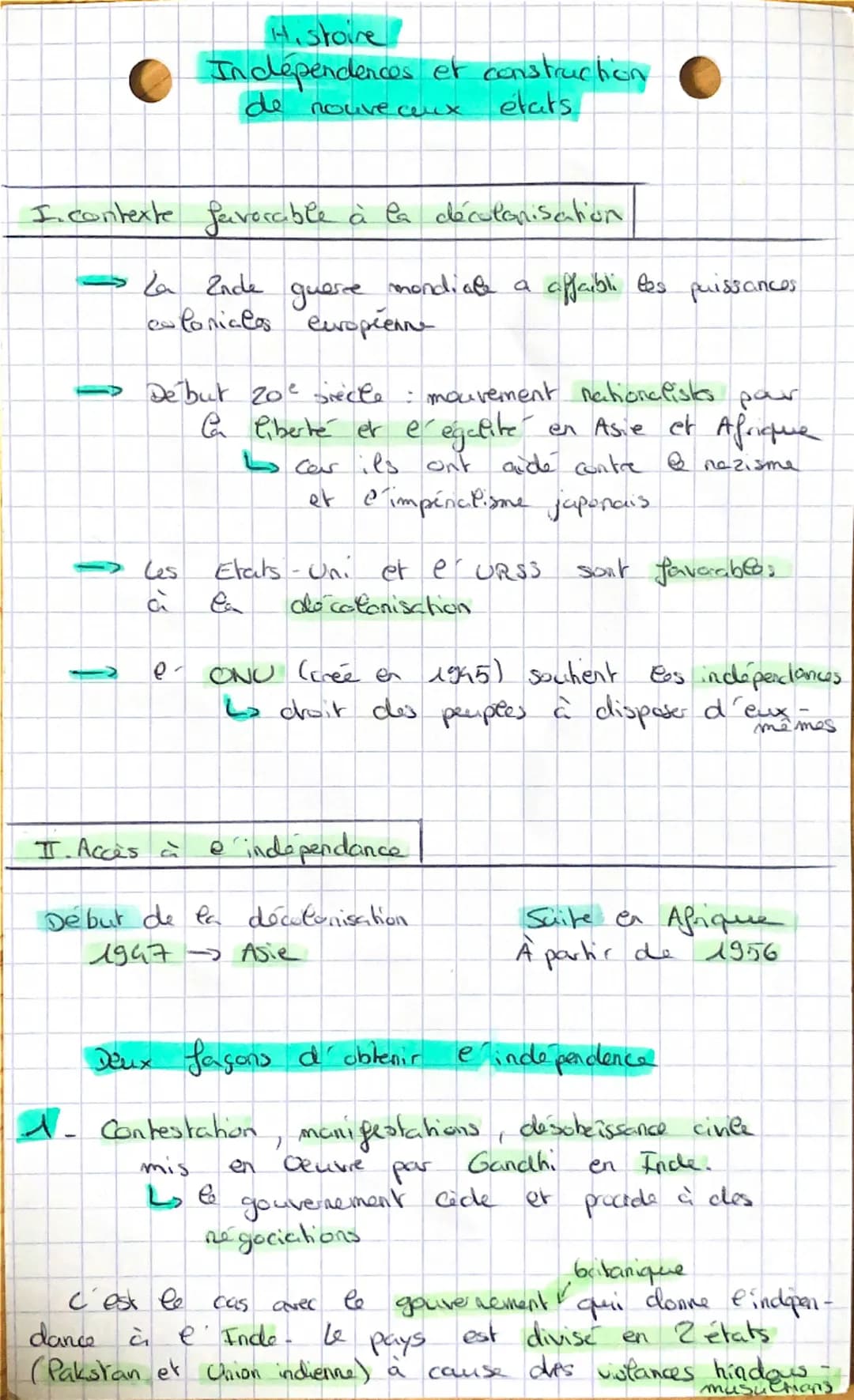 Histoire
Independences et construction
de nouveaux
etats
I. contexte favorable à la décolorisation
→ La Ende
guerce
mondiale a
affaibli les 