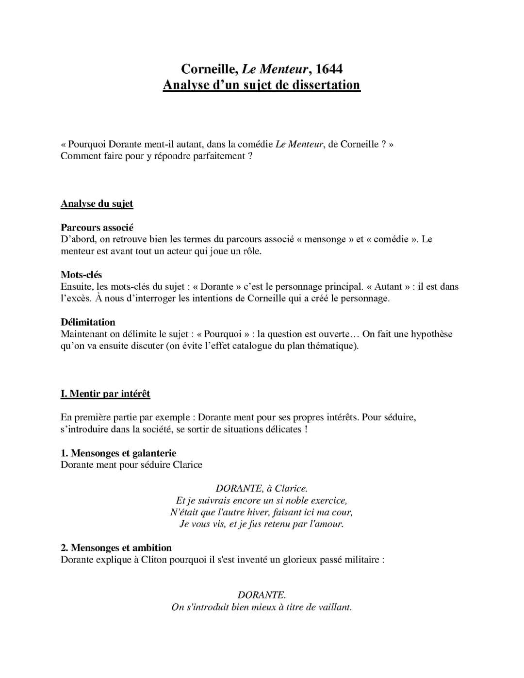 Corneille, Le Menteur, Dissertation