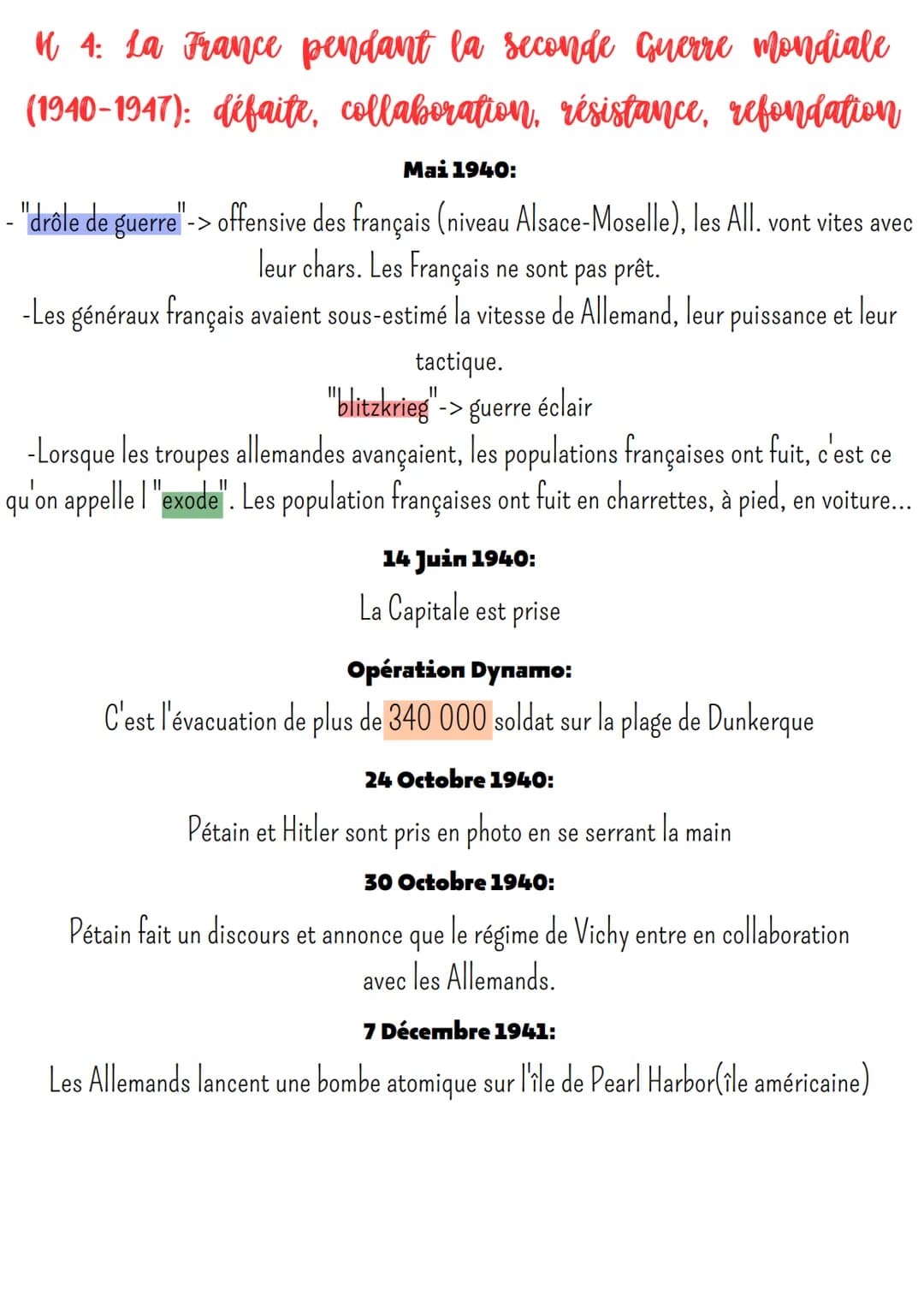 4 4: La France pendant la seconde Guerre mondiale
(1940-1947): défaite, collaboration, résistance, refondation
Mai 1940:
- "drôle de guerre"