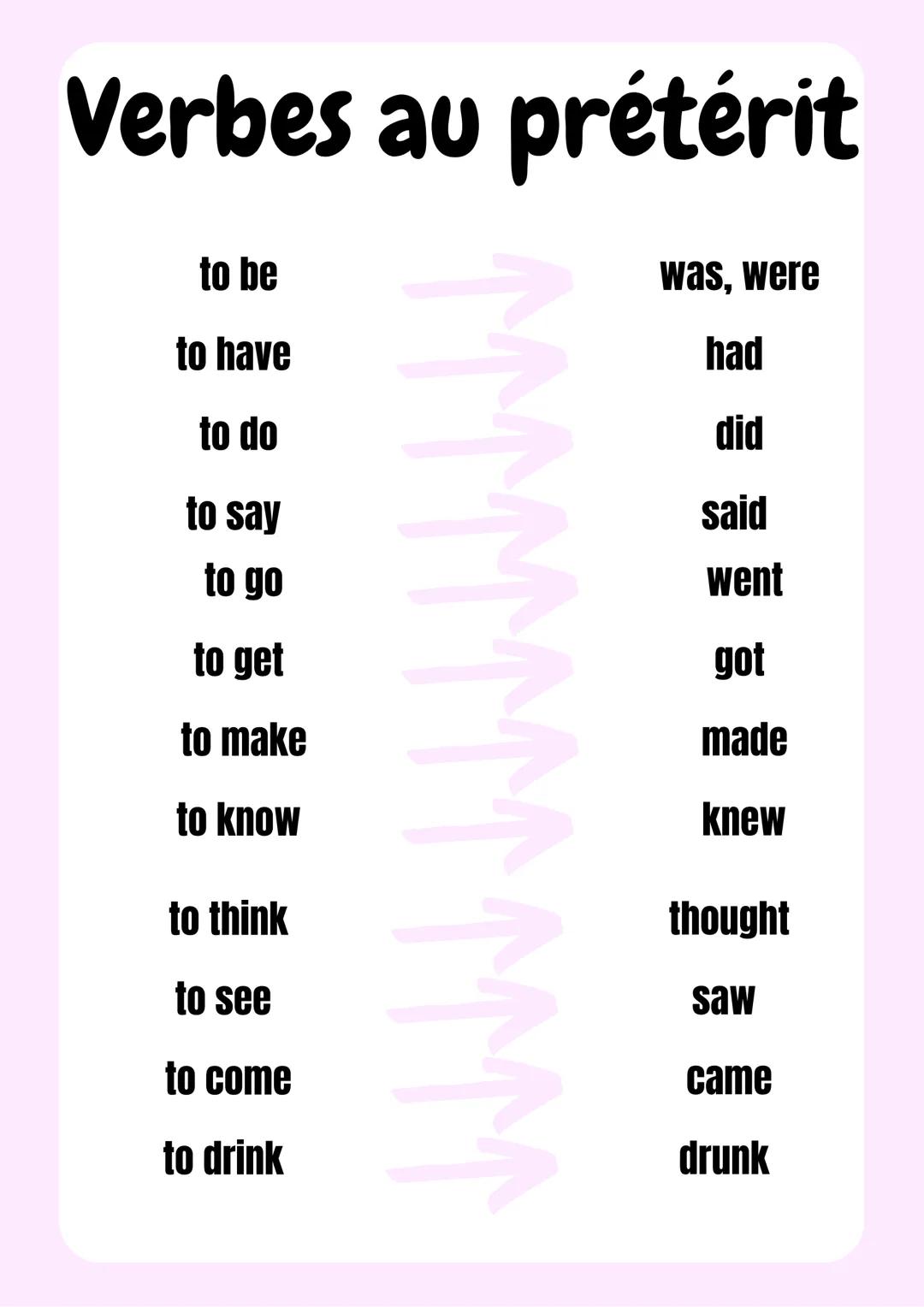 Verbes au prétérit
to be
to have
to do
to say
to go
to get
to make
to know
to think
to see
to come
to drink
was, were
had
did
said
went
got
