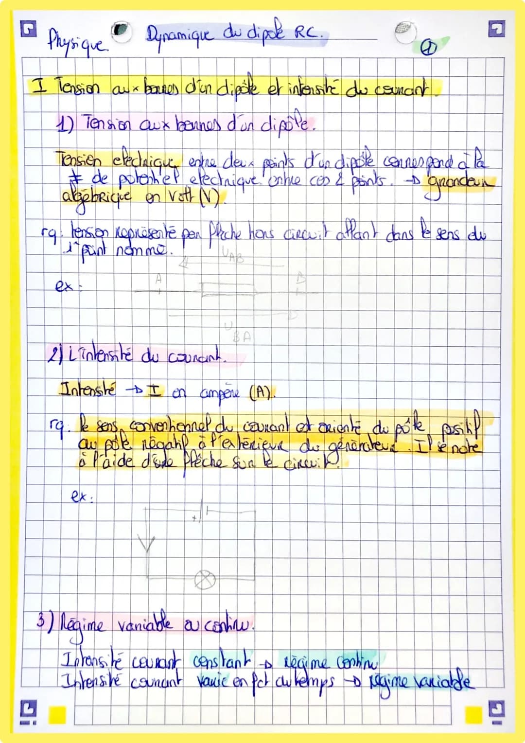 Physique. Dynamique du dipak RC
I Tension aux bonnes d'un dipôte et intensité du courant
1) Tension aux benners d'un dipole.
Tension electri
