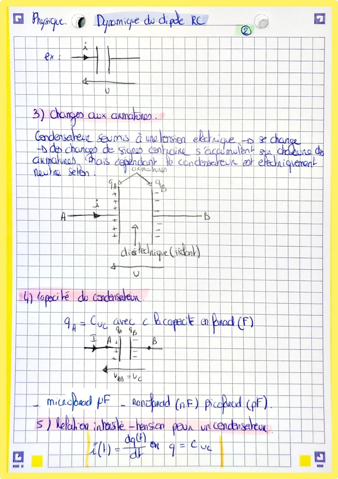 Physique. Dynamique du dipak RC
I Tension aux bonnes d'un dipôte et intensité du courant
1) Tension aux benners d'un dipole.
Tension electri