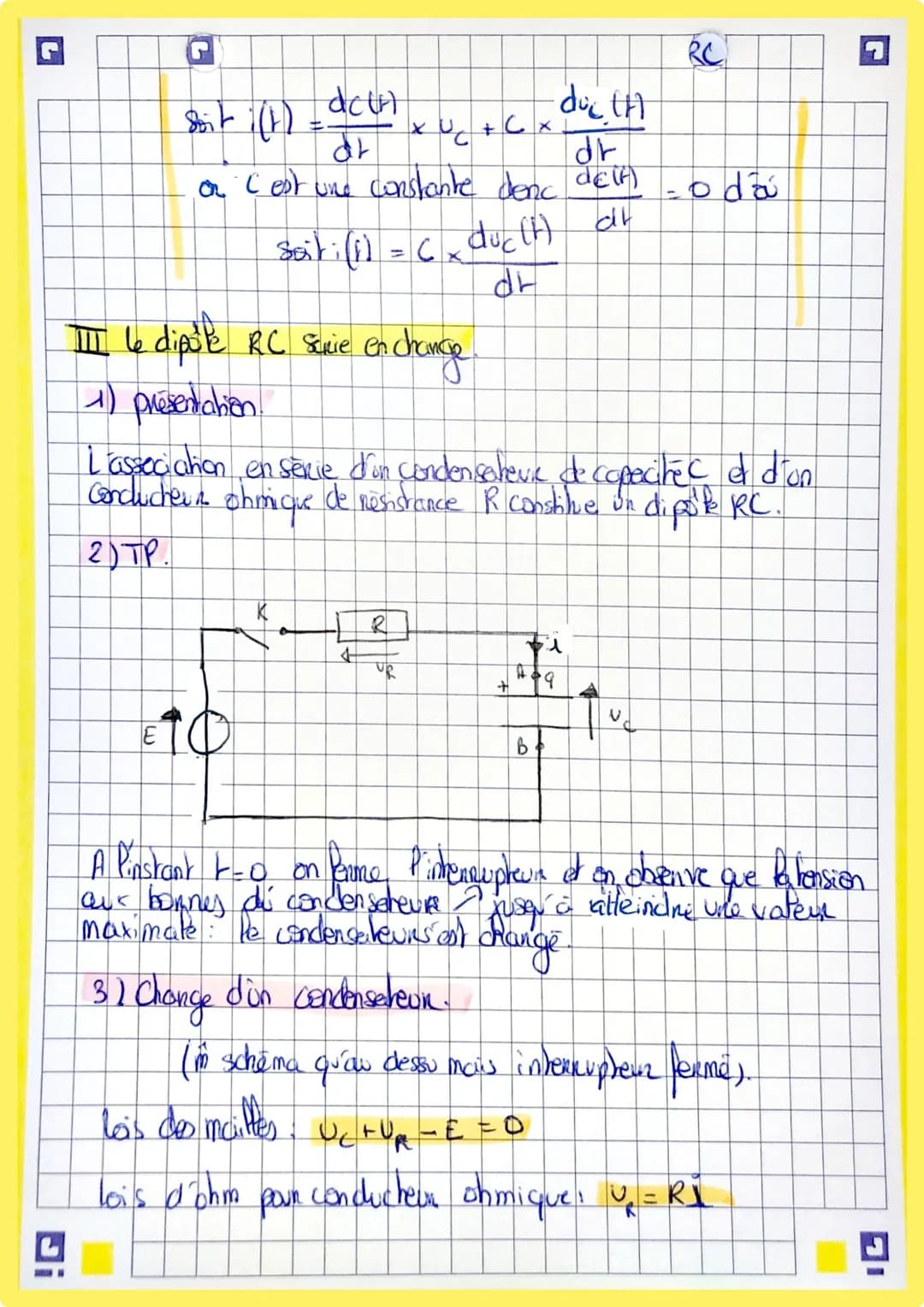 Physique. Dynamique du dipak RC
I Tension aux bonnes d'un dipôte et intensité du courant
1) Tension aux benners d'un dipole.
Tension electri