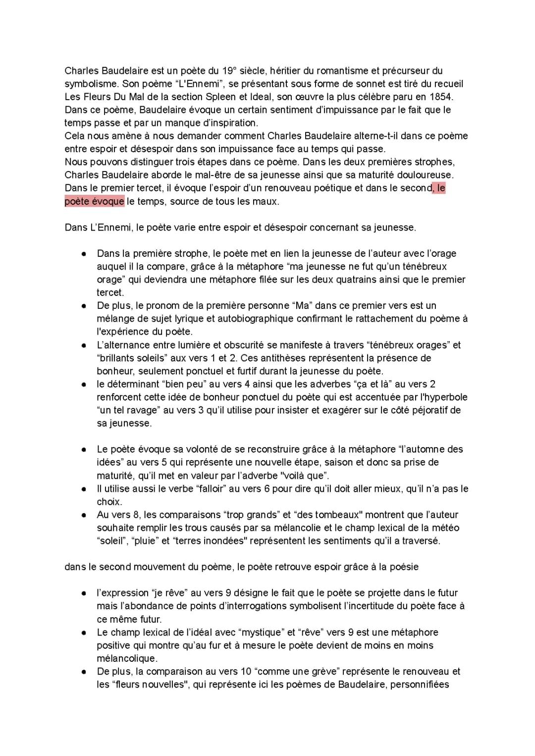 Analyse linéaire de L'Ennemi de Baudelaire : Résumé et Commentaire