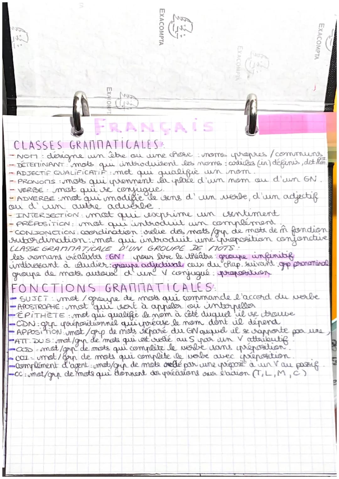 EXACOMPTA
-
FRANÇAIS
EXACOMPTA
B
EXACOMPTA
CLASSES GRAMMATICALES
- NOM: désigne un être ou une chose : nome propres / communs
-DÉTEMINANT: m