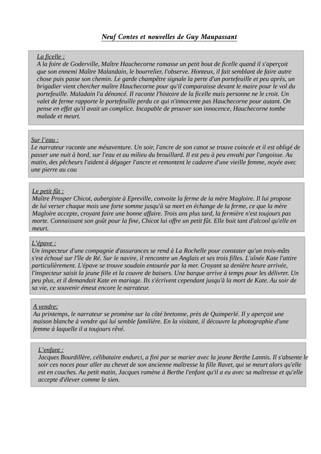 Neuf Contes et nouvelles de Guy Maupassant
La ficelle :
A la foire de Goderville, Maître Hauchecorne ramasse un petit bout de ficelle quand 