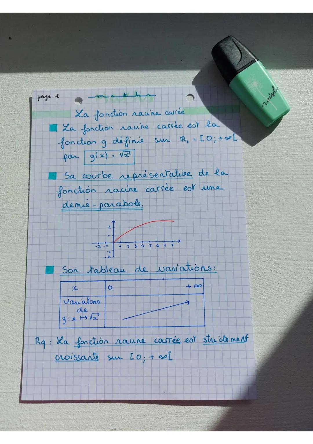 page 1

La fonction racine casiée

La fonction racine carrée est la
fonction 9 définie sur IR, = [0; +∞[
par g(x):

Sa courbe représentative