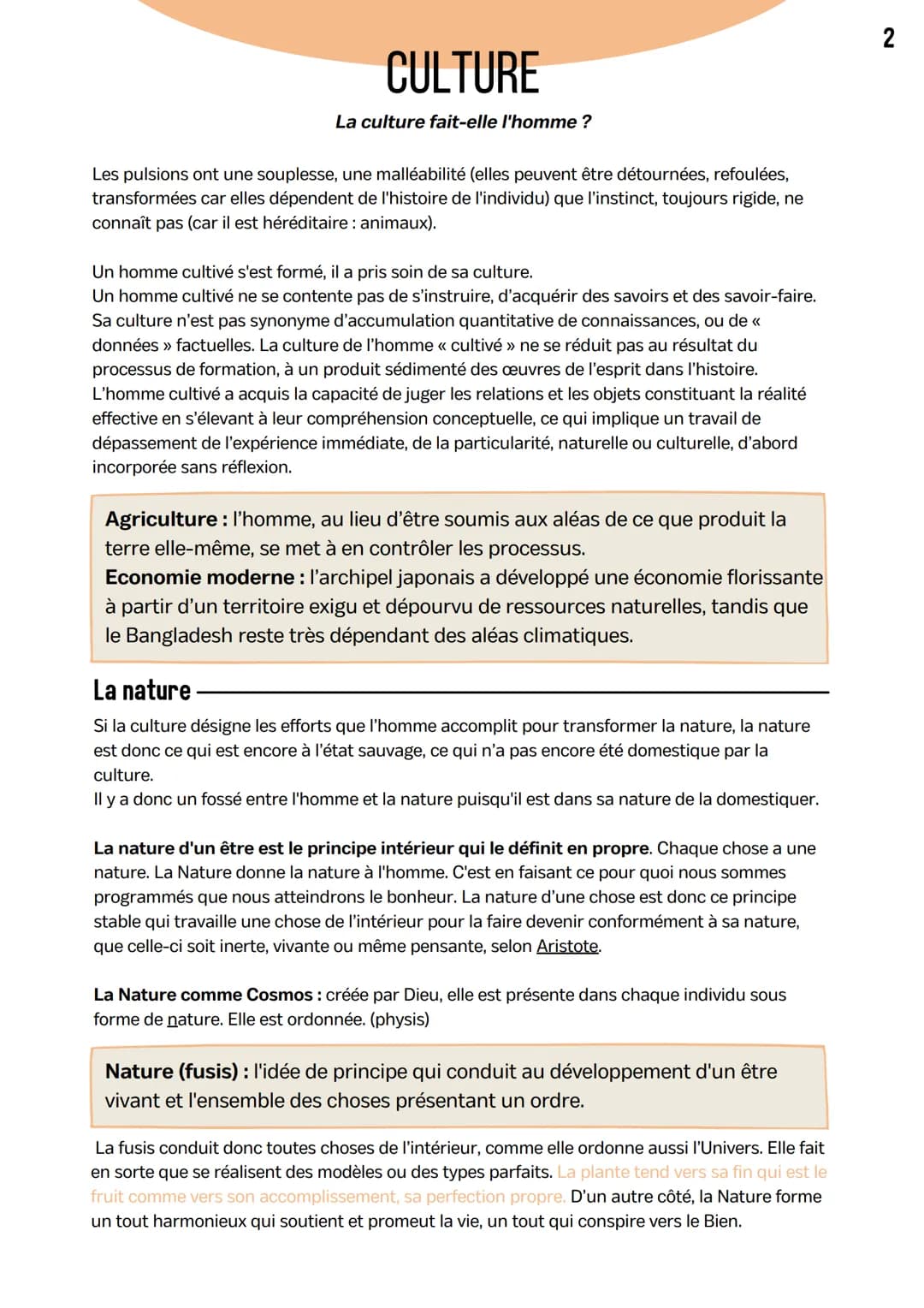 CULTURE
La culture fait-elle l'homme ?
Différents sens du mot "culture".
Sens du mot culture :
• Agriculture : travail de la terre, prendre 