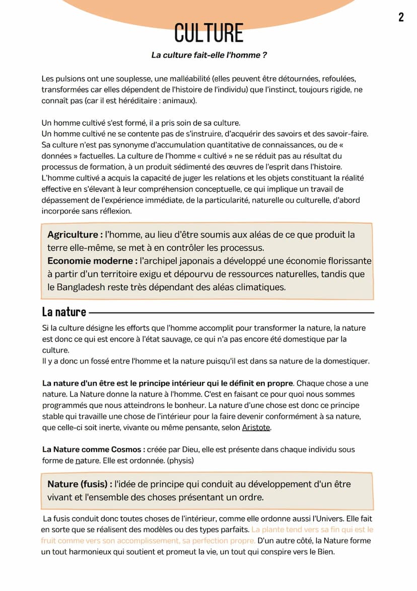 CULTURE
La culture fait-elle l'homme ?
Différents sens du mot "culture".
Sens du mot culture :
• Agriculture : travail de la terre, prendre 