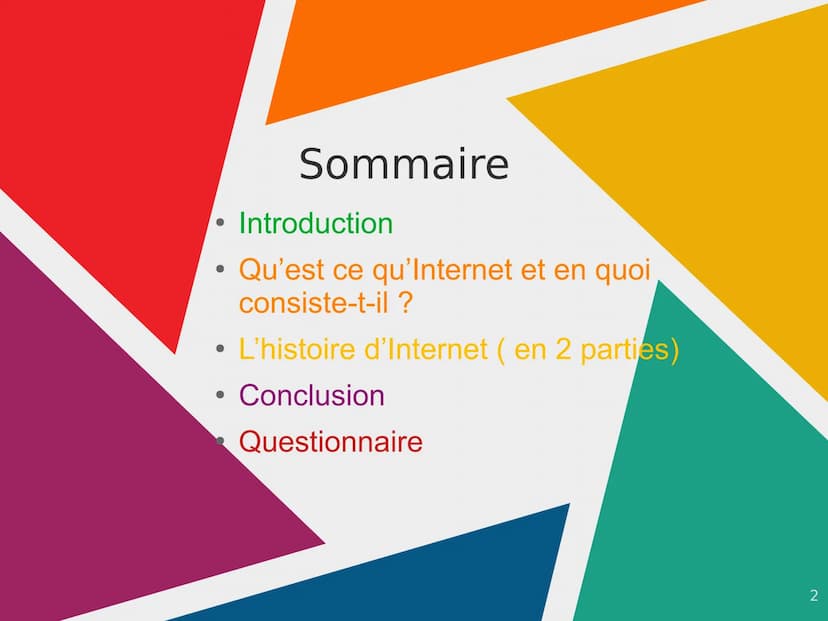 Internet ●
●
●
●
Sommaire
Introduction
Qu'est ce qu'Internet et en quoi
consiste-t-il ?
L'histoire d'Internet (en 2 parties)
Conclusion
Ques
