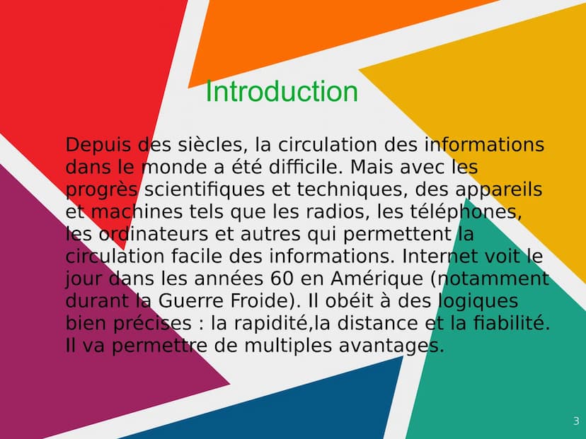 Internet ●
●
●
●
Sommaire
Introduction
Qu'est ce qu'Internet et en quoi
consiste-t-il ?
L'histoire d'Internet (en 2 parties)
Conclusion
Ques