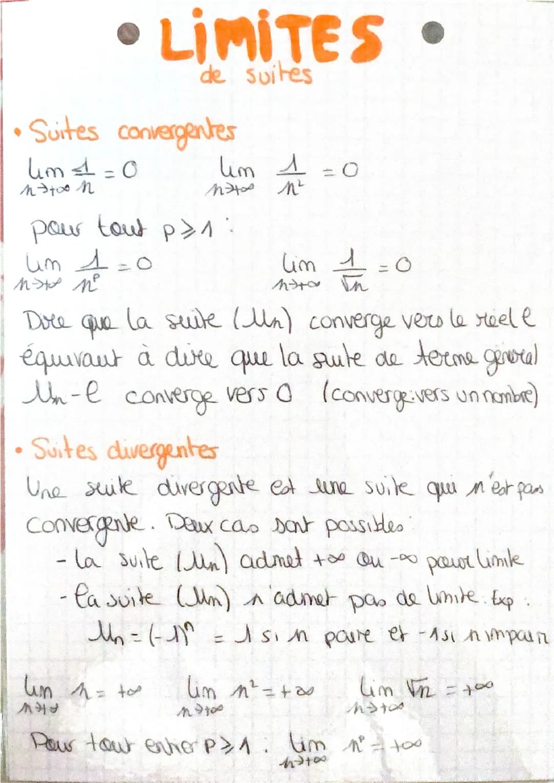 LiMiTES
de suites
Suites convergentes
Lim = 0
мэтов п
lim 1 =0
pour tout p>1:
um 1=0
мэт ме
•
N²
Lim
17700
44
= 0
Doce que la suite (Mn) con