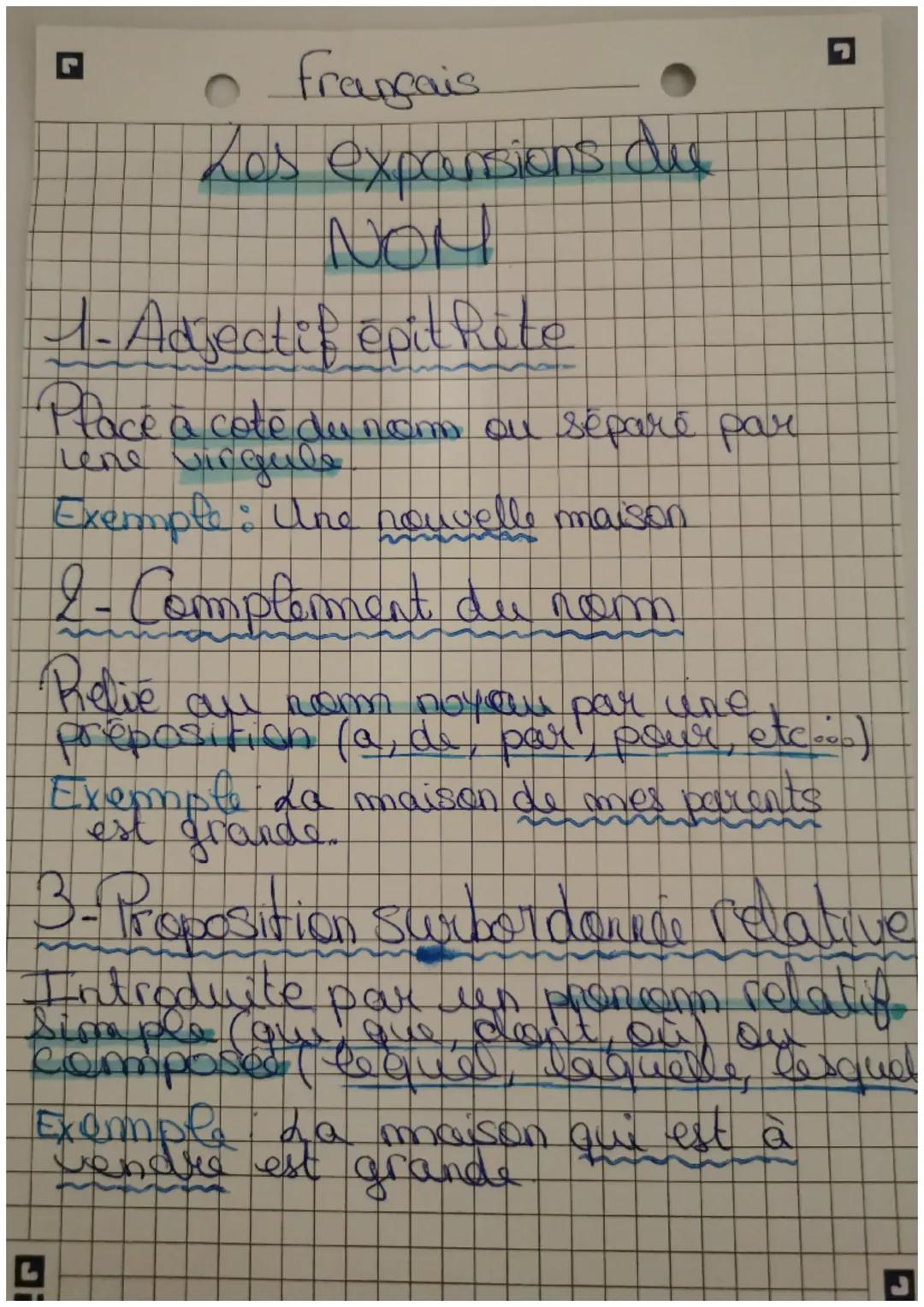 - Français

Los expansions de
NOM

1- Adjectif epit Rite

Place à cote du noms ou séparé par
Singule
Lene

Exemple: Une nouvelle maison

2- 
