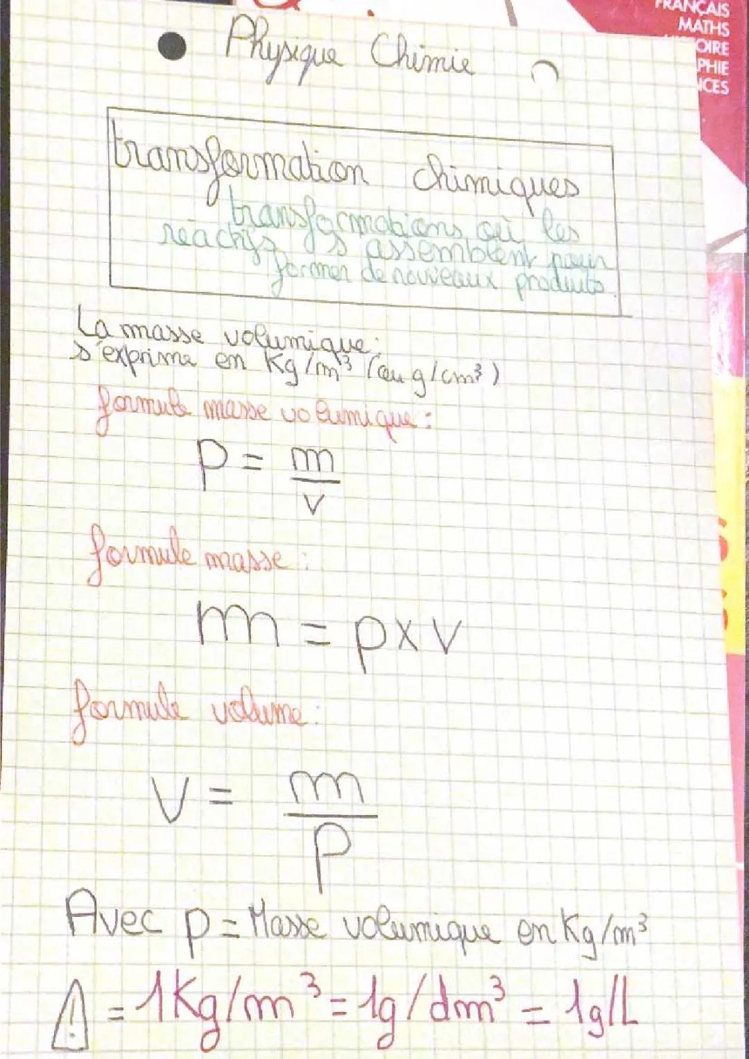 Découvre les Transformations Chimiques et Masse Volumique en Physique Chimie !