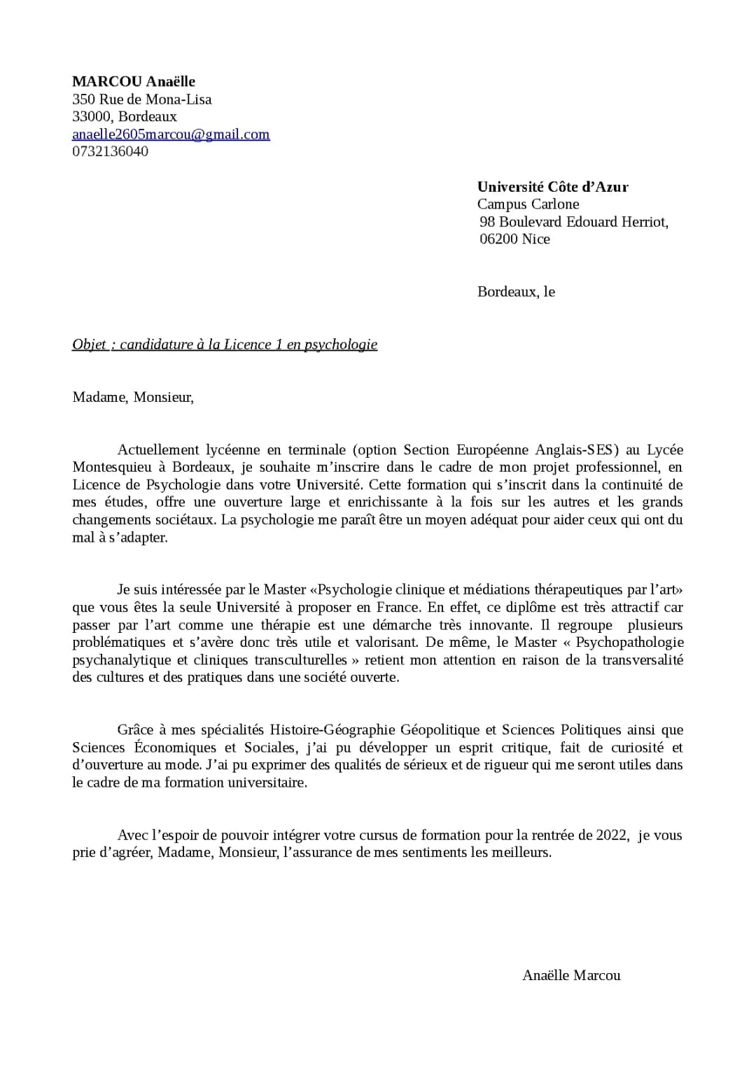 Exemple Lettre de Motivation Licence Psychologie Parcoursup