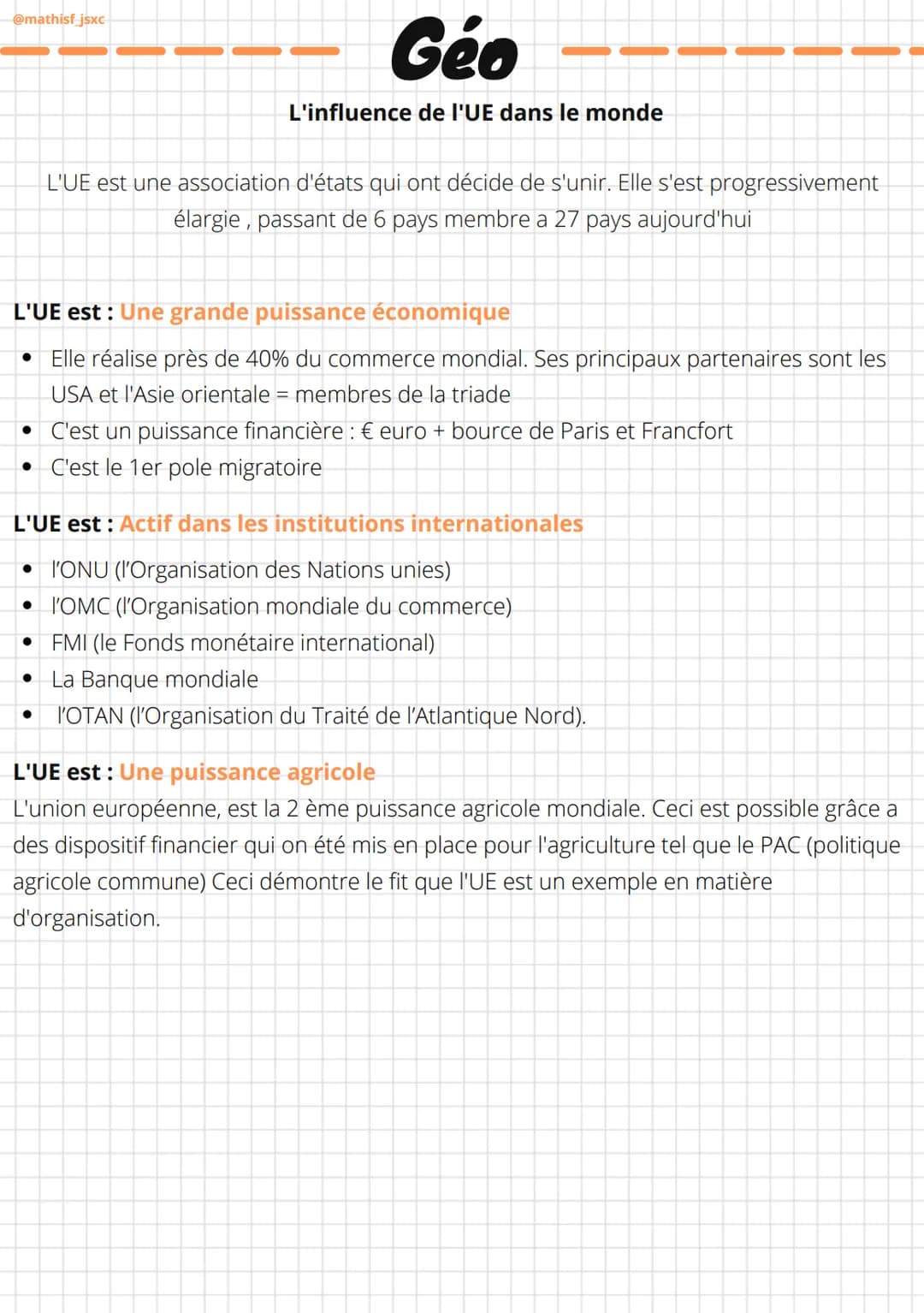 @mathisf_jsxc
Géo
L'influence de l'UE dans le monde
L'UE est une association d'états qui ont décide de s'unir. Elle s'est progressivement
él