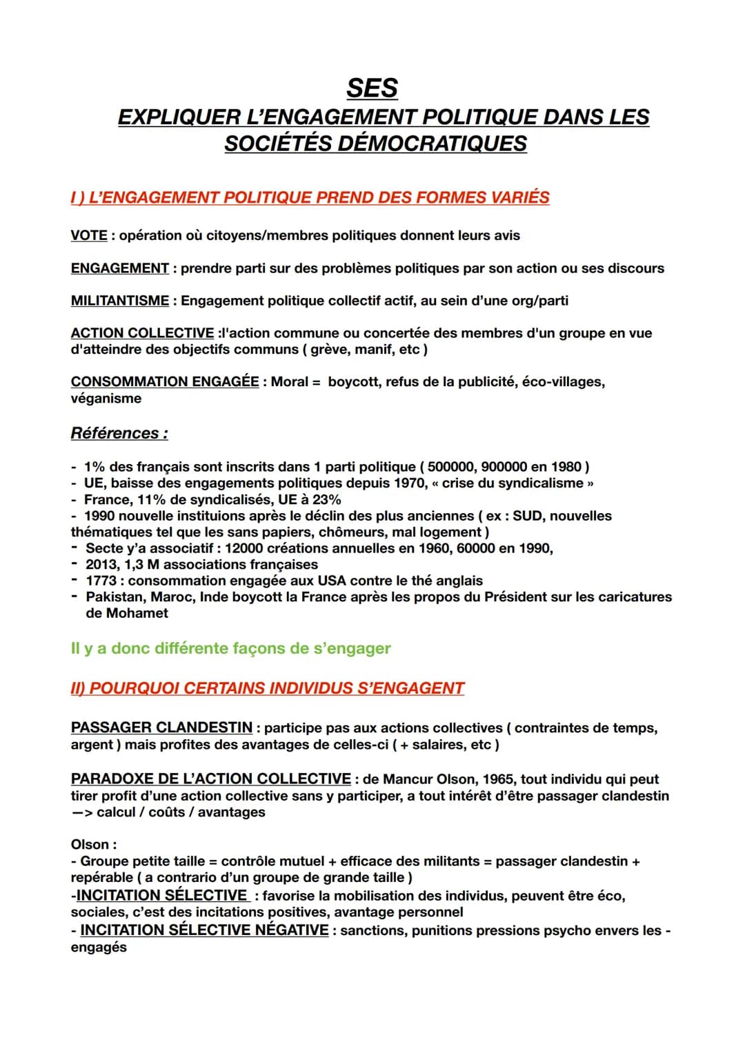 SES
EXPLIQUER L'ENGAGEMENT POLITIQUE DANS LES
SOCIÉTÉS DÉMOCRATIQUES
1) L'ENGAGEMENT POLITIQUE PREND DES FORMES VARIÉS
VOTE : opération où c