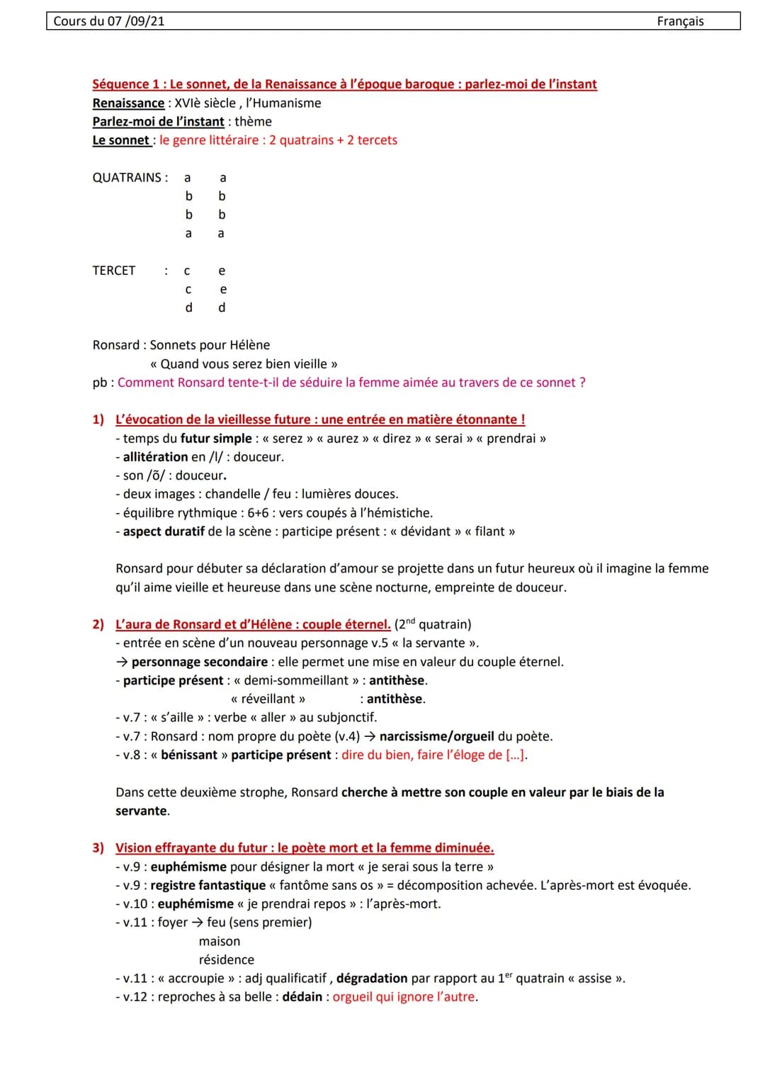 Cours du 07/09/21
Séquence 1 : Le sonnet, de la Renaissance à l'époque baroque : parlez-moi de l'instant
Renaissance : XVIè siècle, l'Humani