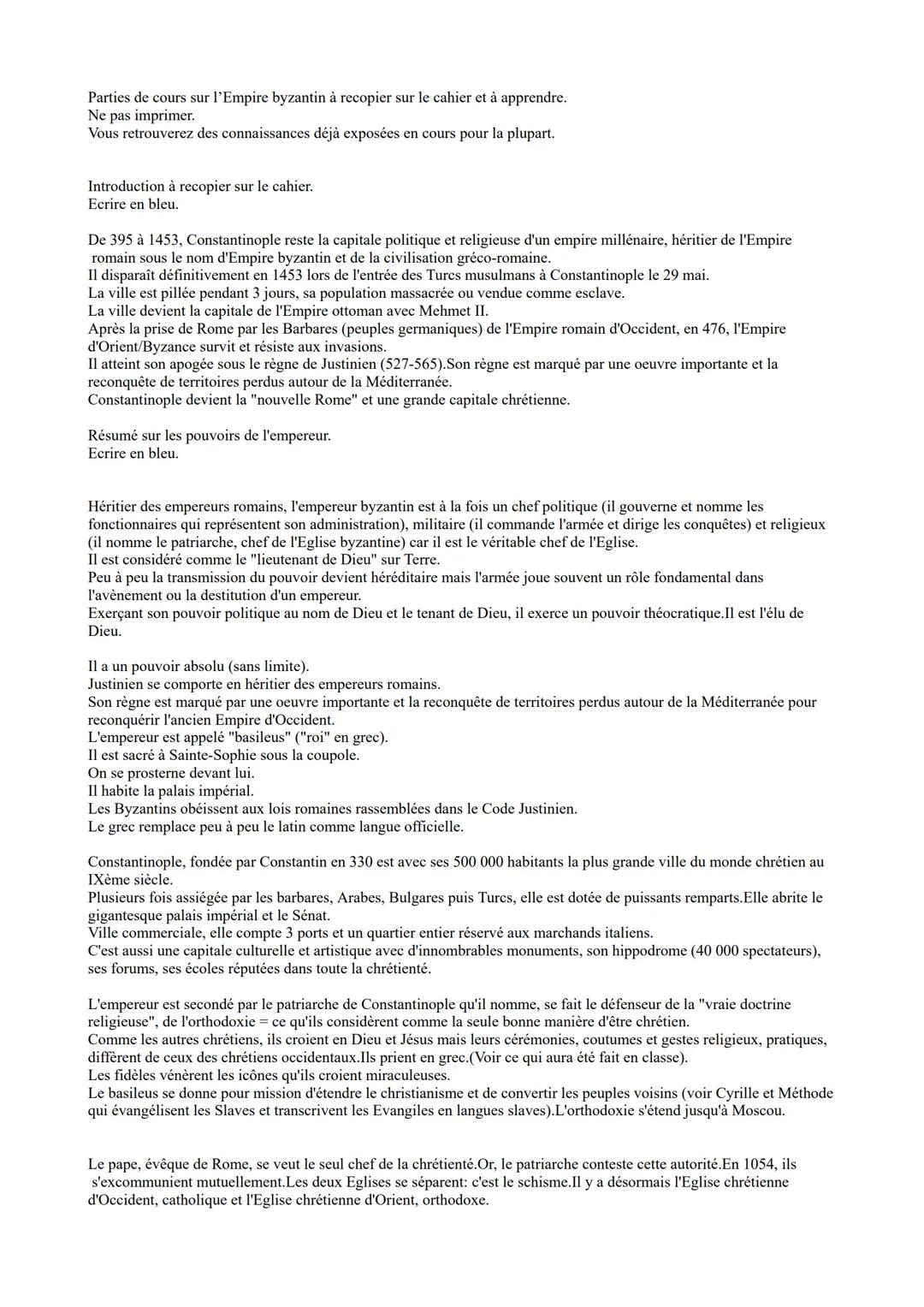 Parties de cours sur l'Empire byzantin à recopier sur le cahier et à apprendre.
Ne pas imprimer.
Vous retrouverez des connaissances déjà exp