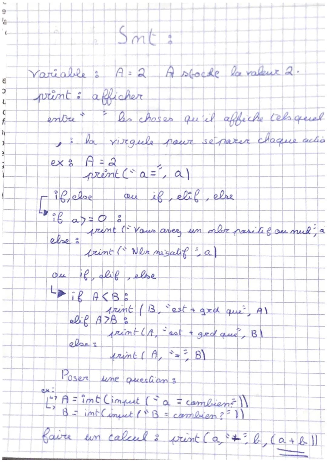 Smt :

Variable: A=2 A stoche la valeur 2.
print: afficher
entre : les choses qu il affiche tels qual
: la virgule pour se parer chaque acti