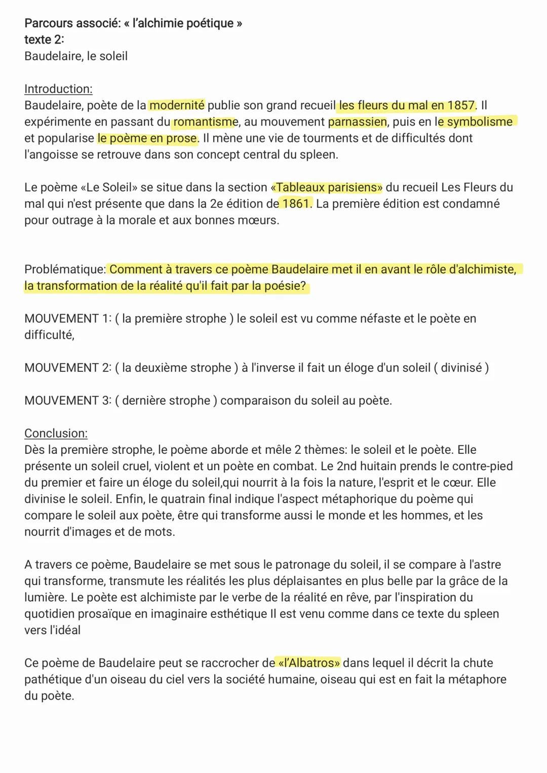 Parcours associé: « l'alchimie poétique >>>
texte 2:
Baudelaire, le soleil

Introduction:
Baudelaire, poète de la modernité publie son grand