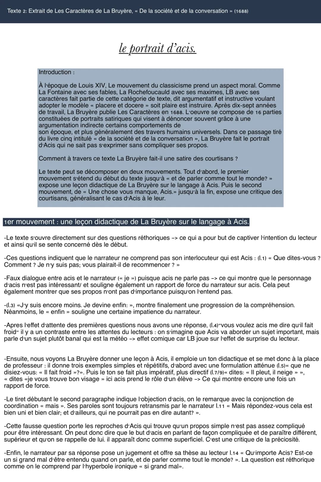 Le Portrait d'Acis Analyse Linéaire - Les Caractères Livre 5 La Bruyère PDF