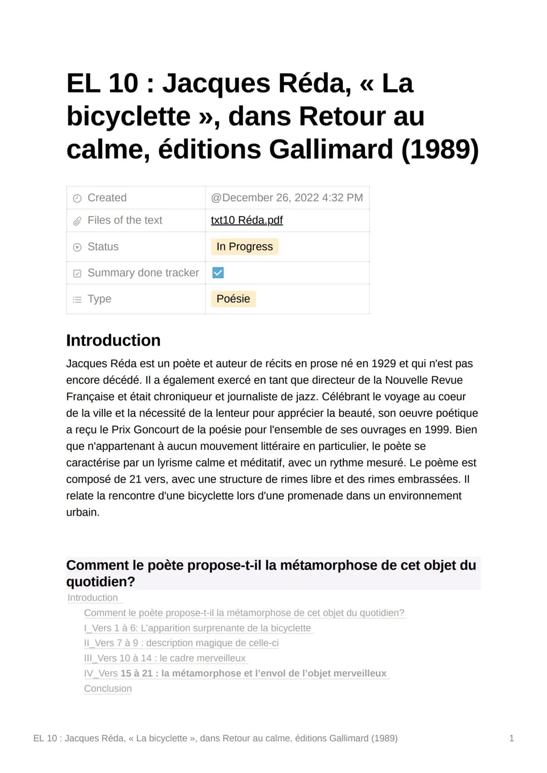 EL 10: Jacques Réda, << La
bicyclette », dans Retour au
calme, éditions Gallimard (1989)
Created
Files of the text
Ⓒ Status
Summary done tra